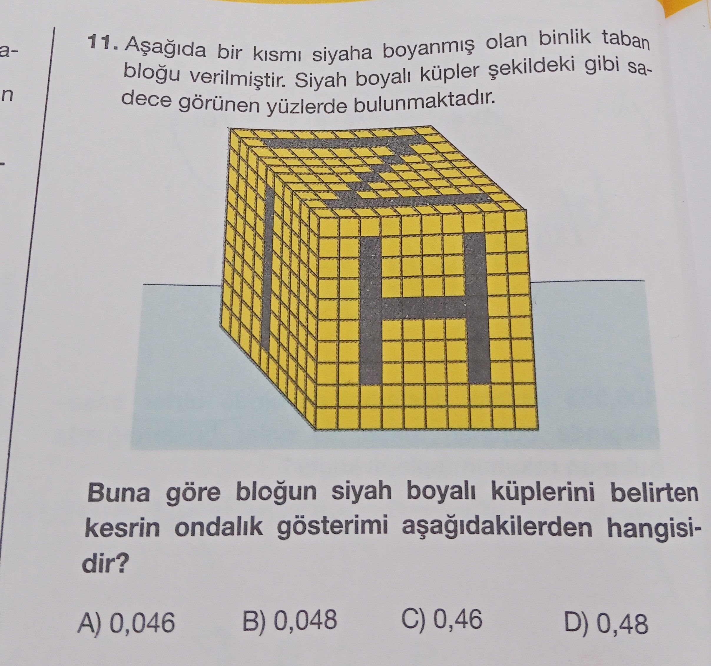 Aşağıda bir kısmı siyaha boyanmış olan binlik taban bloğu verilmiştir. Siyah boyalı küpler şekildeki