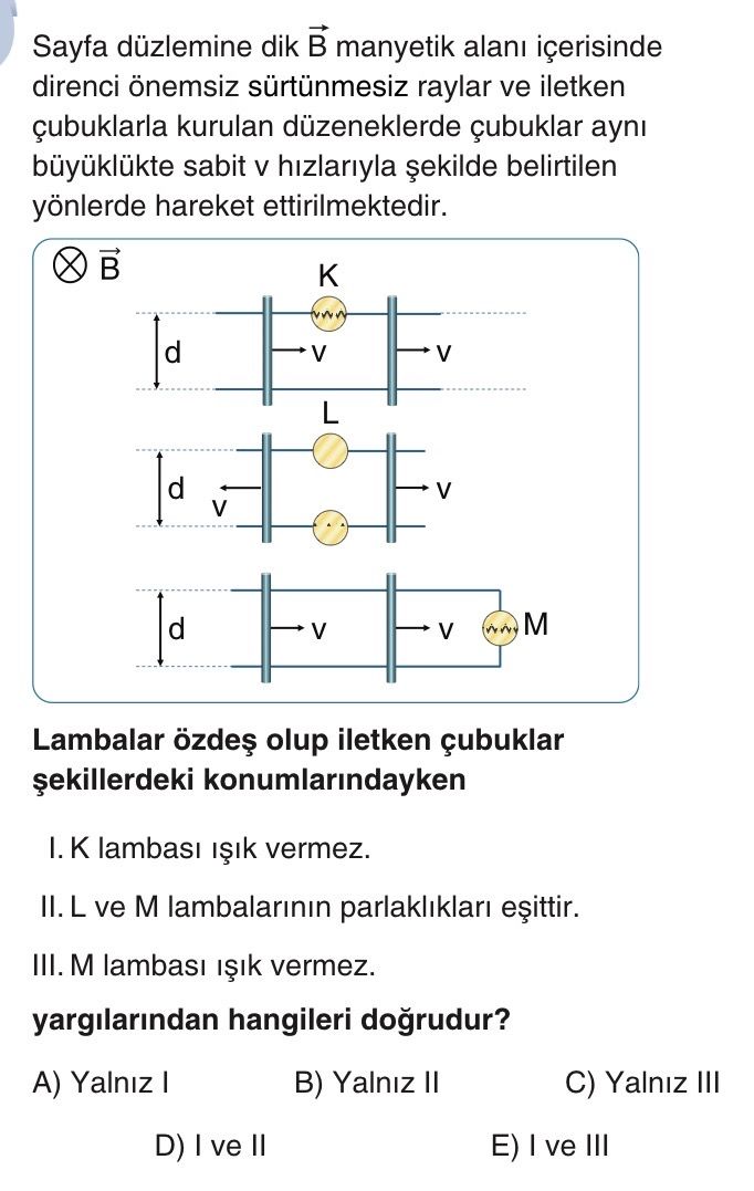 Sayfa düzlemine dik B⃗ manyetik alanı içerisinde direnci önemsiz sürtünmesiz raylar ve iletken