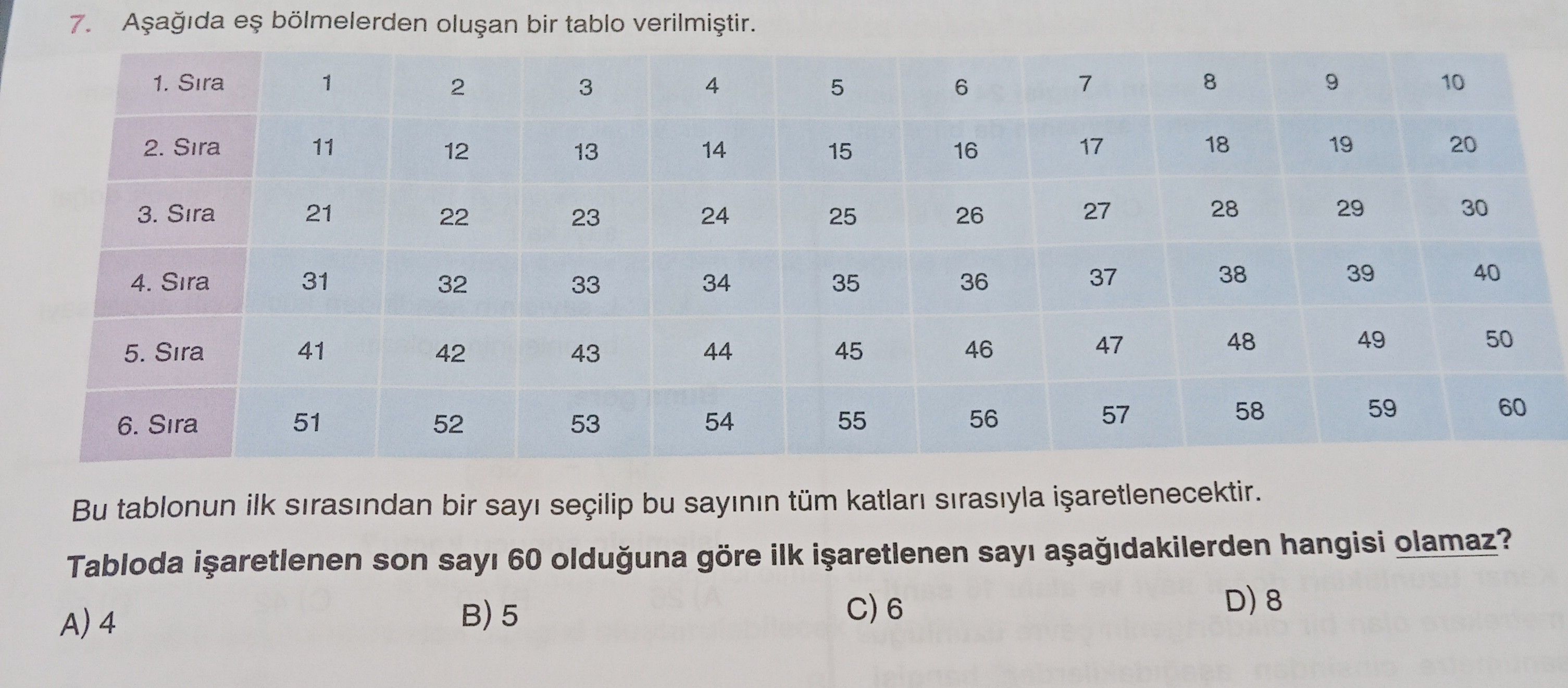 Aşağıda eş bölmelerden oluşan bir tablo verilmiştir. 1. Sıra 1 2 3 4 5 6 7 8 9 10 2. Sıra 11 12 13