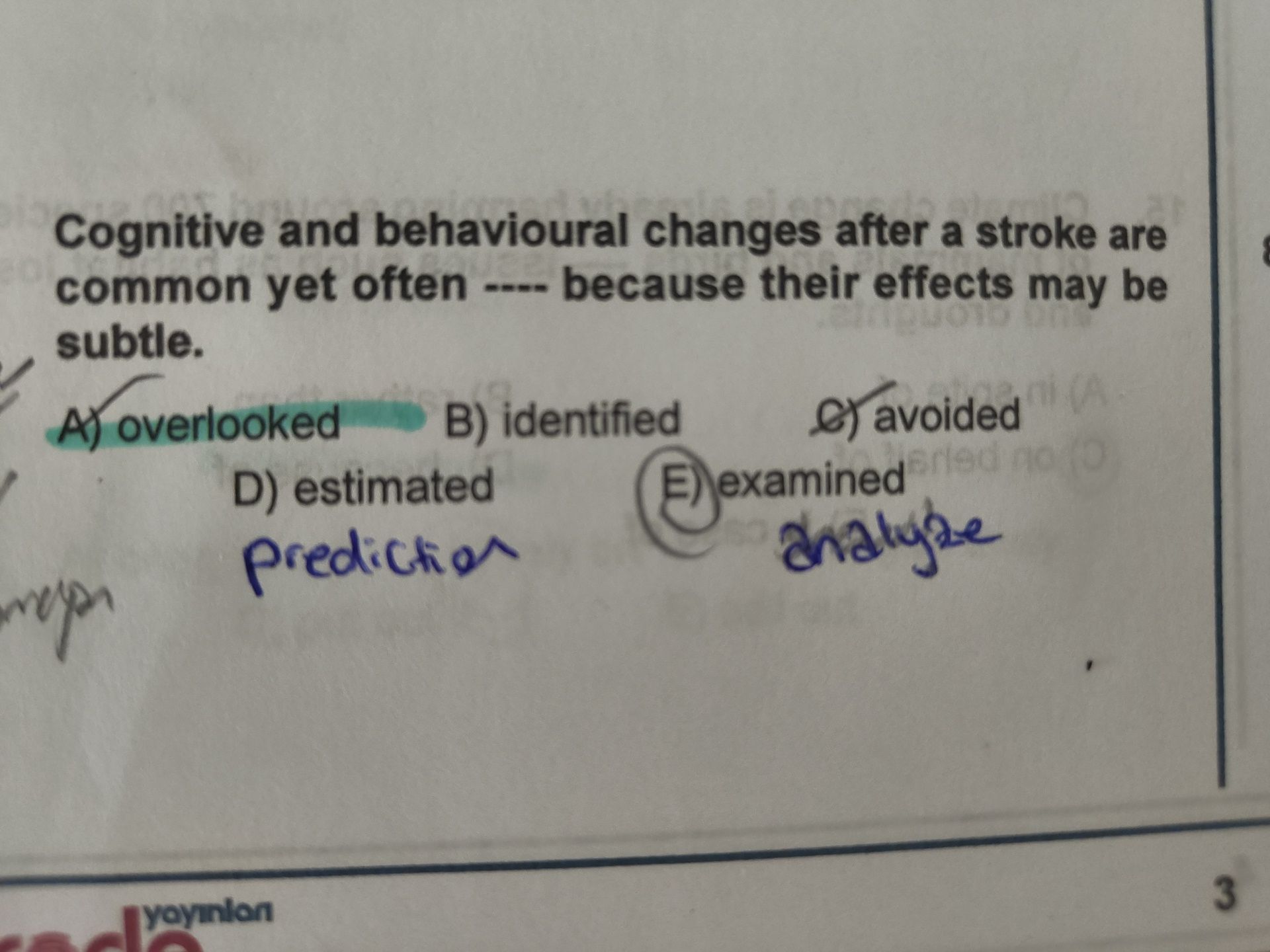 Cognitive and behavioural changes after a stroke are common yet often ---- because their effects may