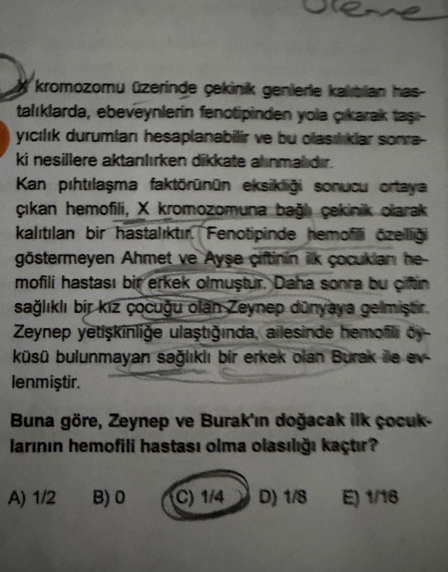 X kromozomu üzerinde çekinik genlerle kalıtılan hastalıklarda, ebeveynlerin fenotipinden yola