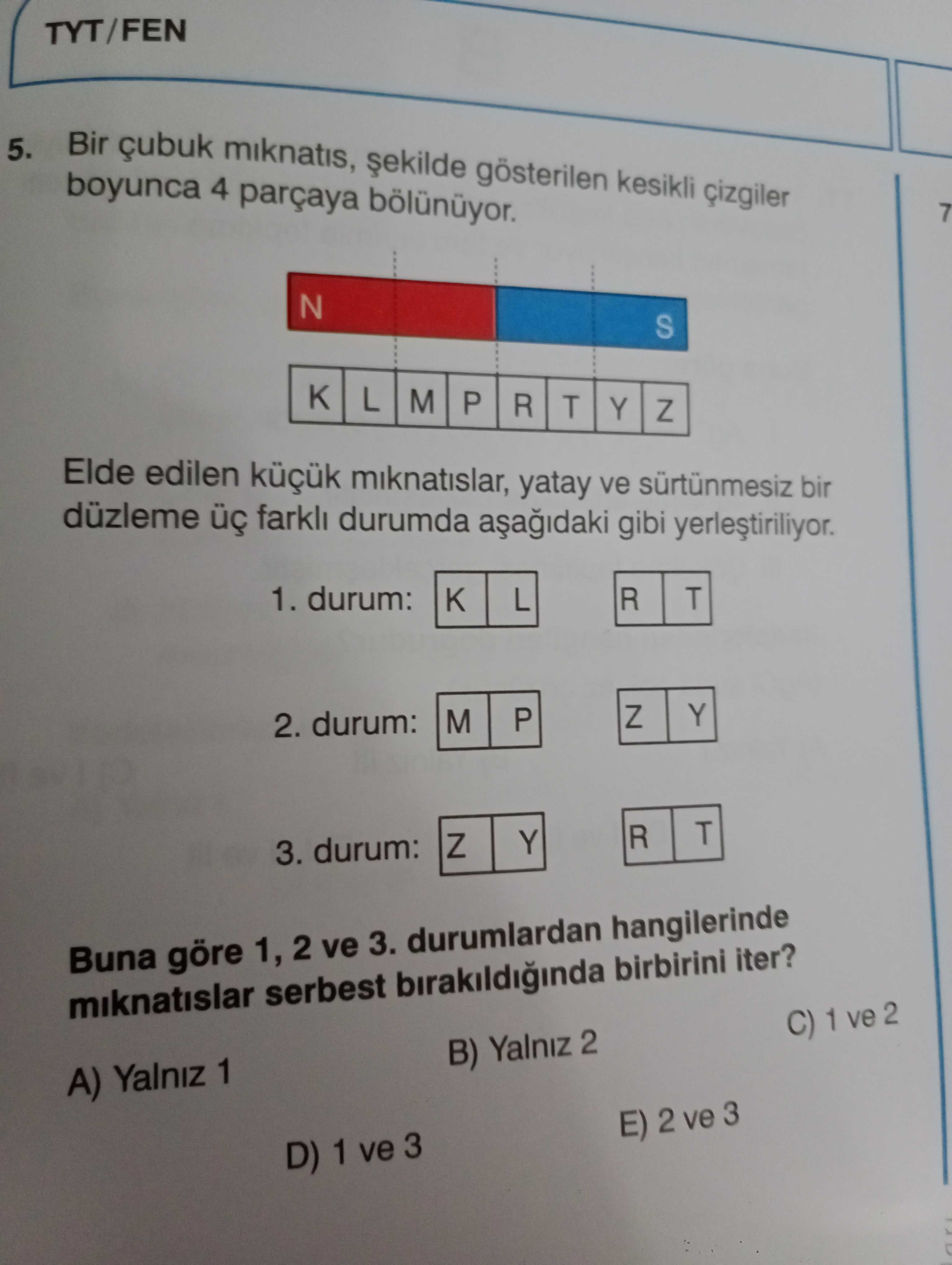Bir çubuk mıknatıs, şekilde gösterilen kesikli çizgiler boyunca 4 parçaya bölünüyor. Elde edilen