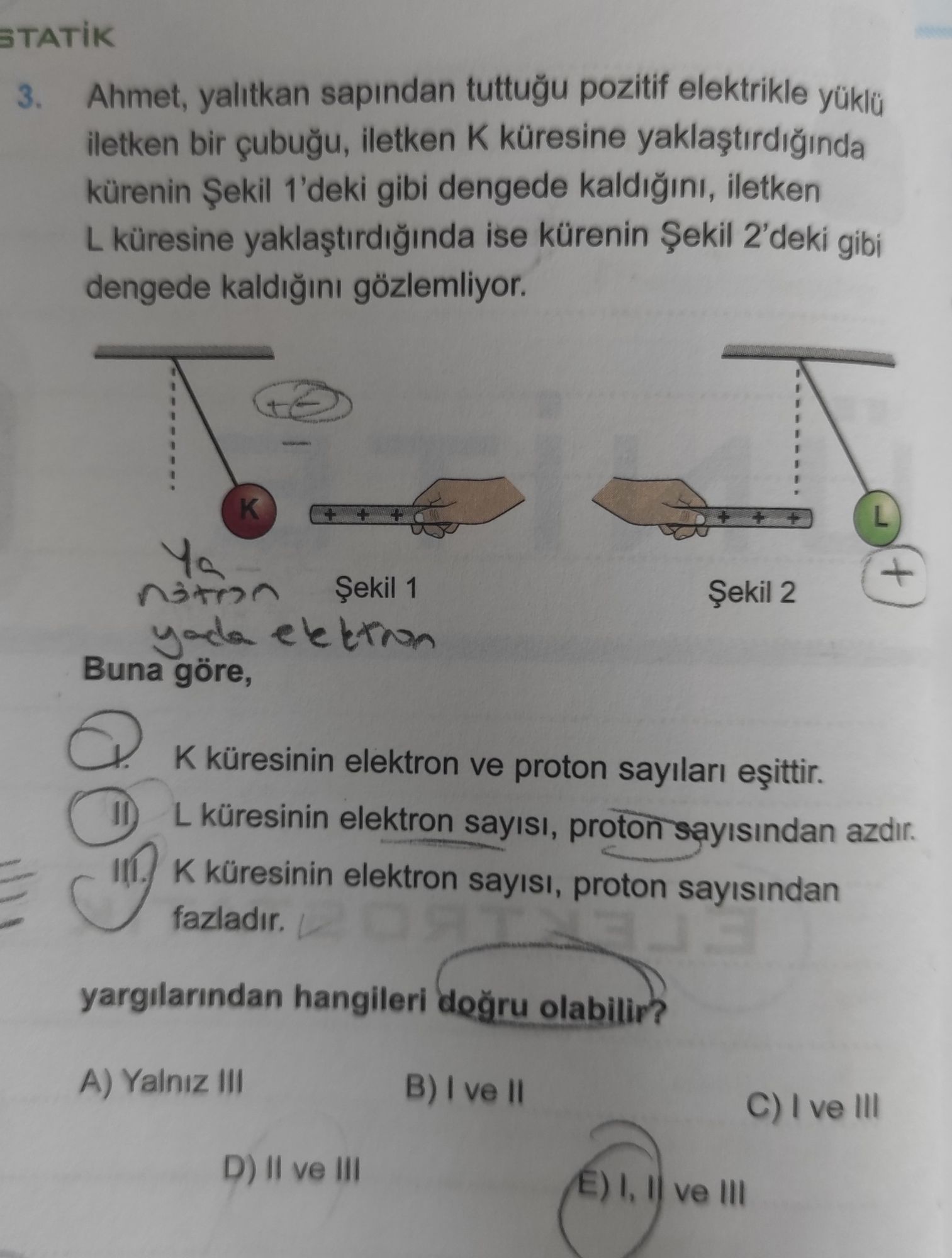 Ahmet, yalıtkan sapından tuttuğu pozitif elektrikle yüklü iletken bir çubuğu, iletken K küresine