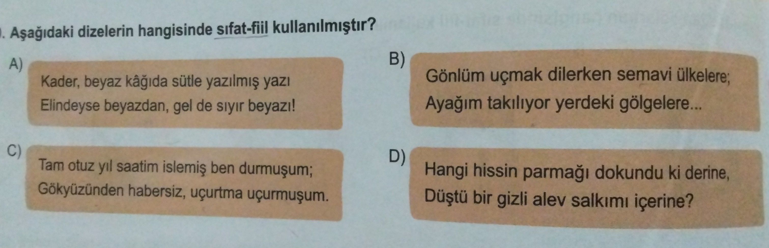 Aşağıdaki dizelerin hangisinde sıfat-fiil kullanılmıştır?