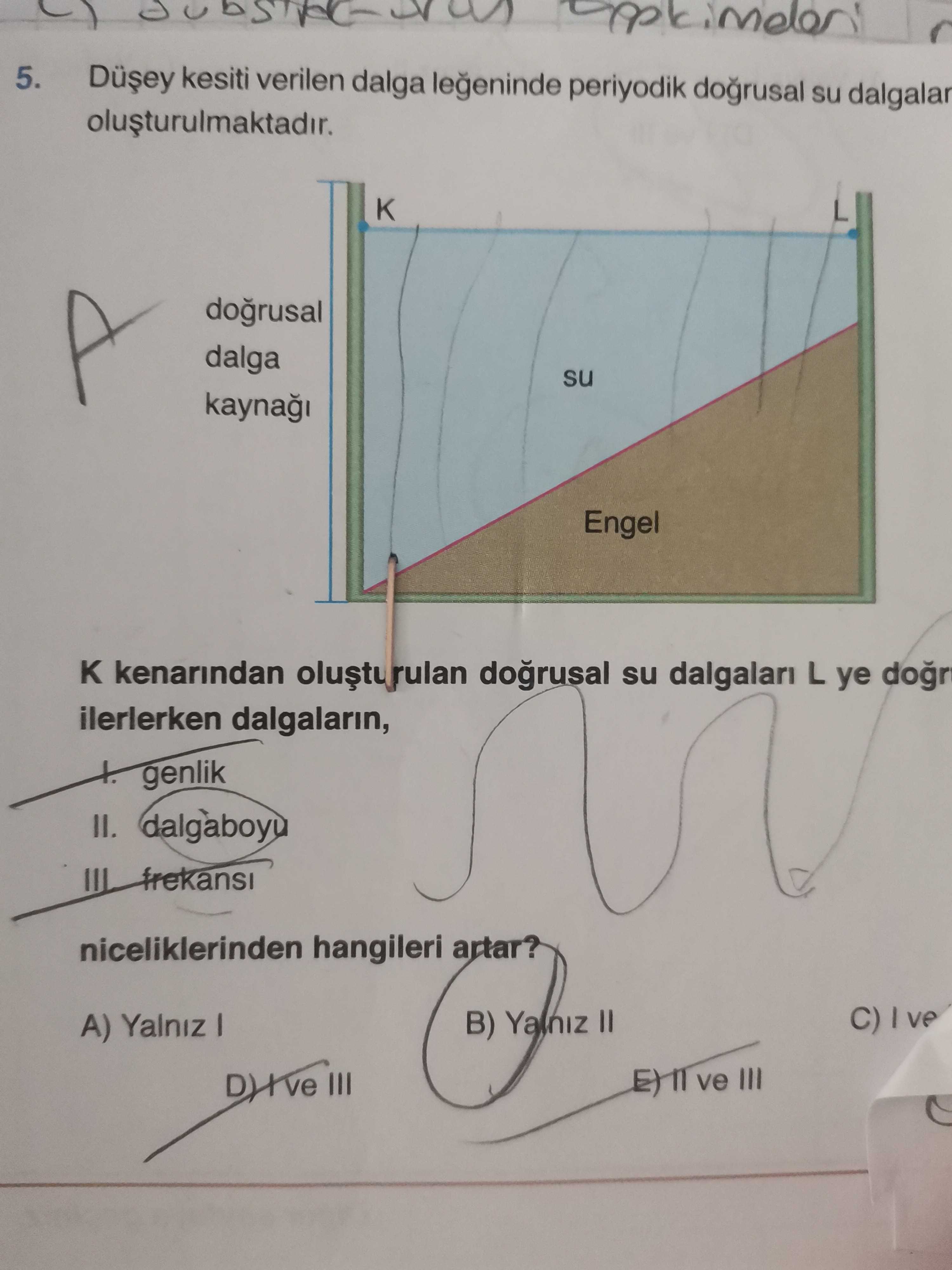 Düşey kesiti verilen dalga leğeninde periyodik doğrusal su dalgaları oluşturulmaktadır. K kenarından