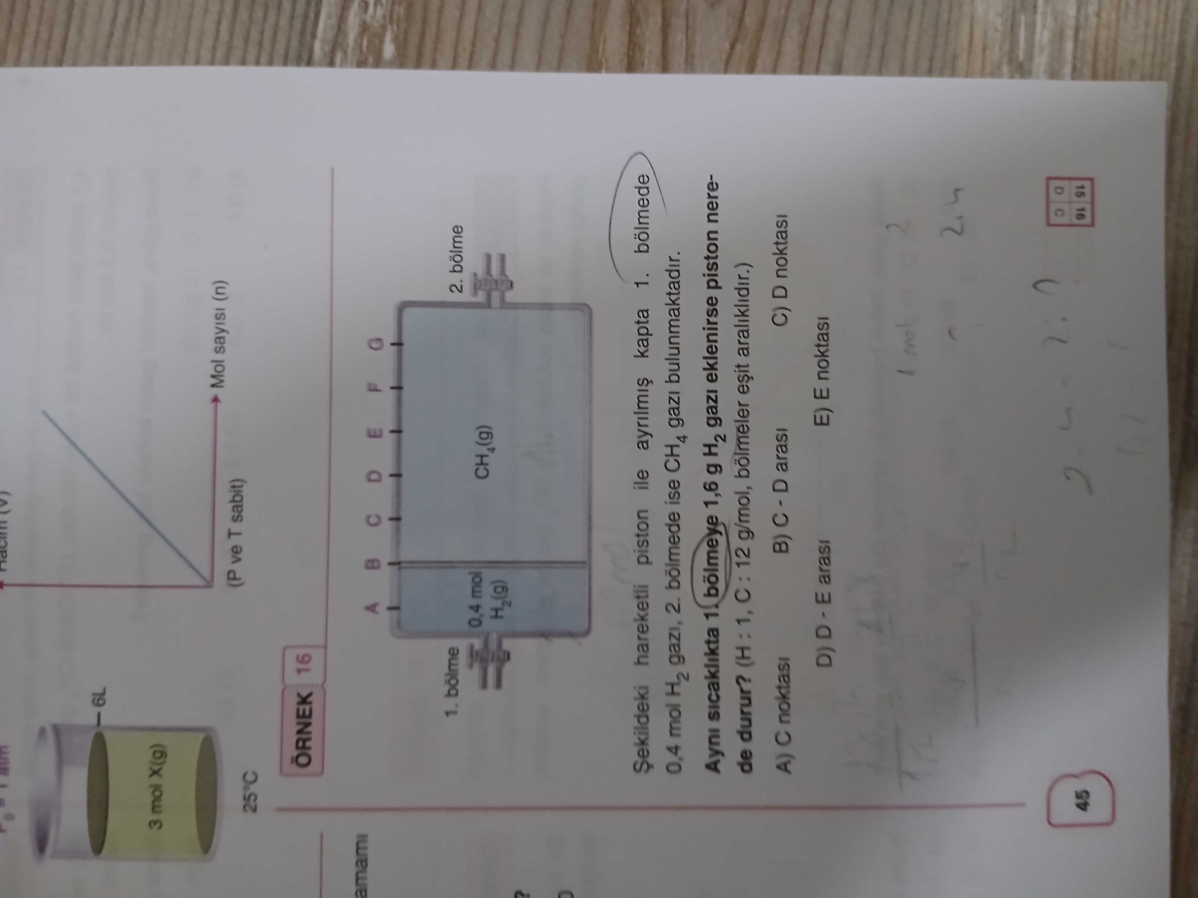 Şekildeki hareketli piston ile ayrılmış kapta 1. bölmede 0,4 mol H₂ gazı, 2. bölmede ise CH₄ gazı