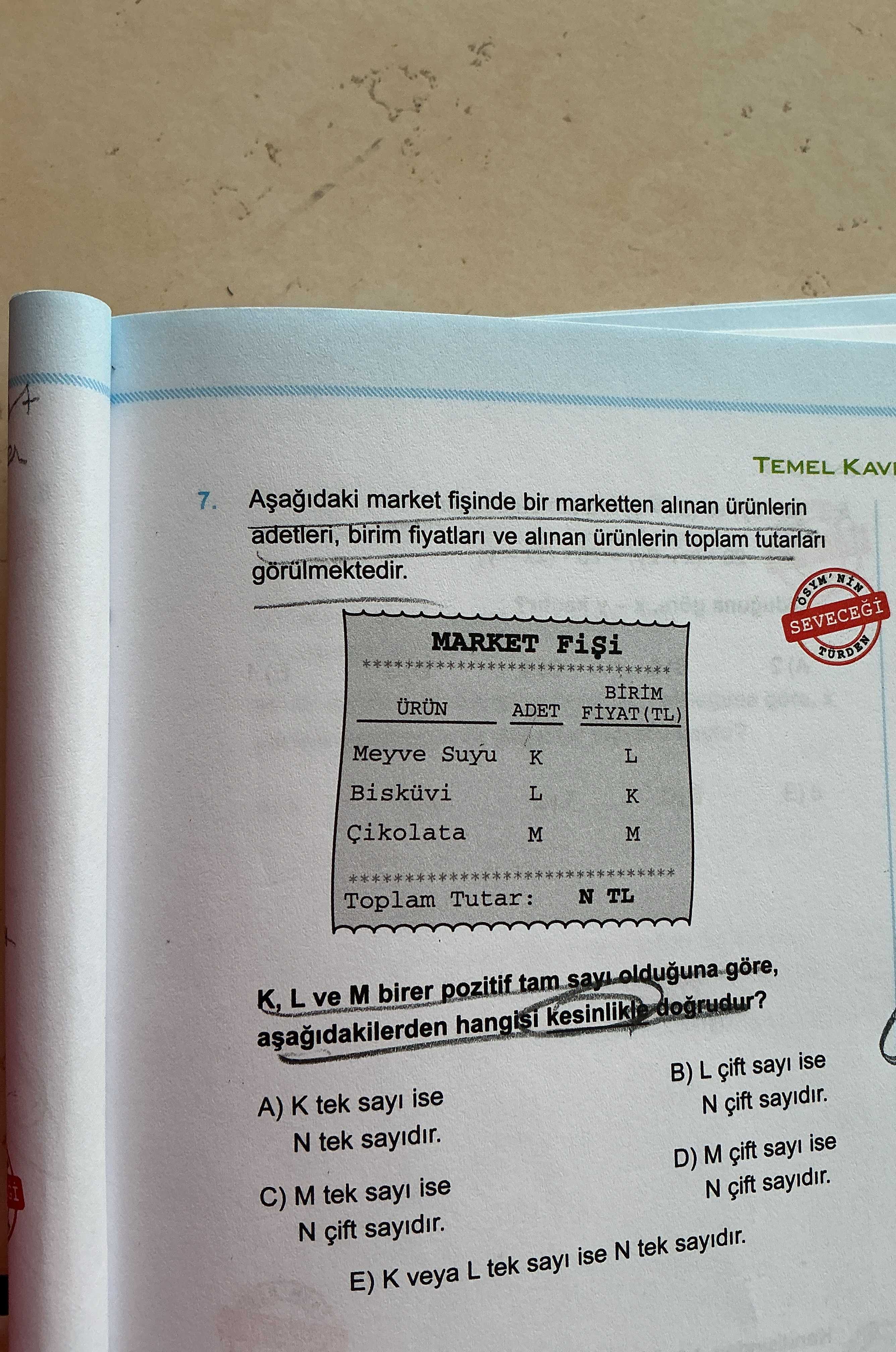 Aşağıdaki market fişinde bir marketten alınan ürünlerin adetleri, birim fiyatları ve alınan