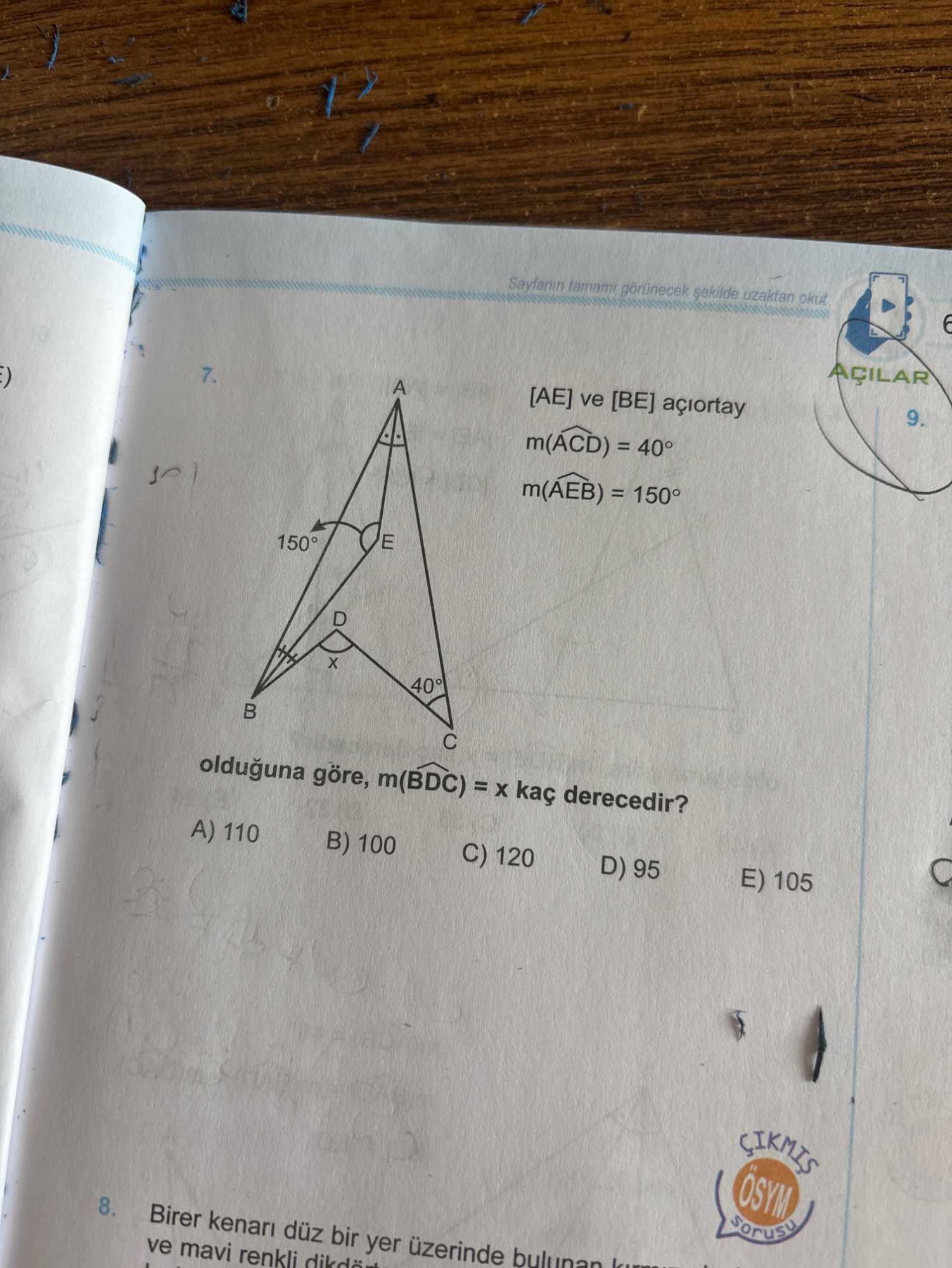[AE] ve [BE] açıortay m(AĈD) = 40° m(AÊB) = 150° olduğuna göre, m(BD̂C) = x kaç derecedir?