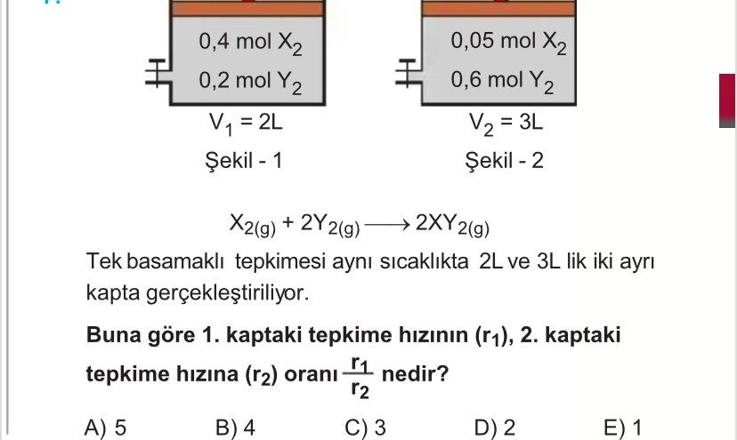 X₂(g) + 2Y₂(g) ⟶ 2XY₂(g) Tek basamaklı tepkimesi aynı sıcaklıkta 2L ve 3L lik iki ayrı kapta