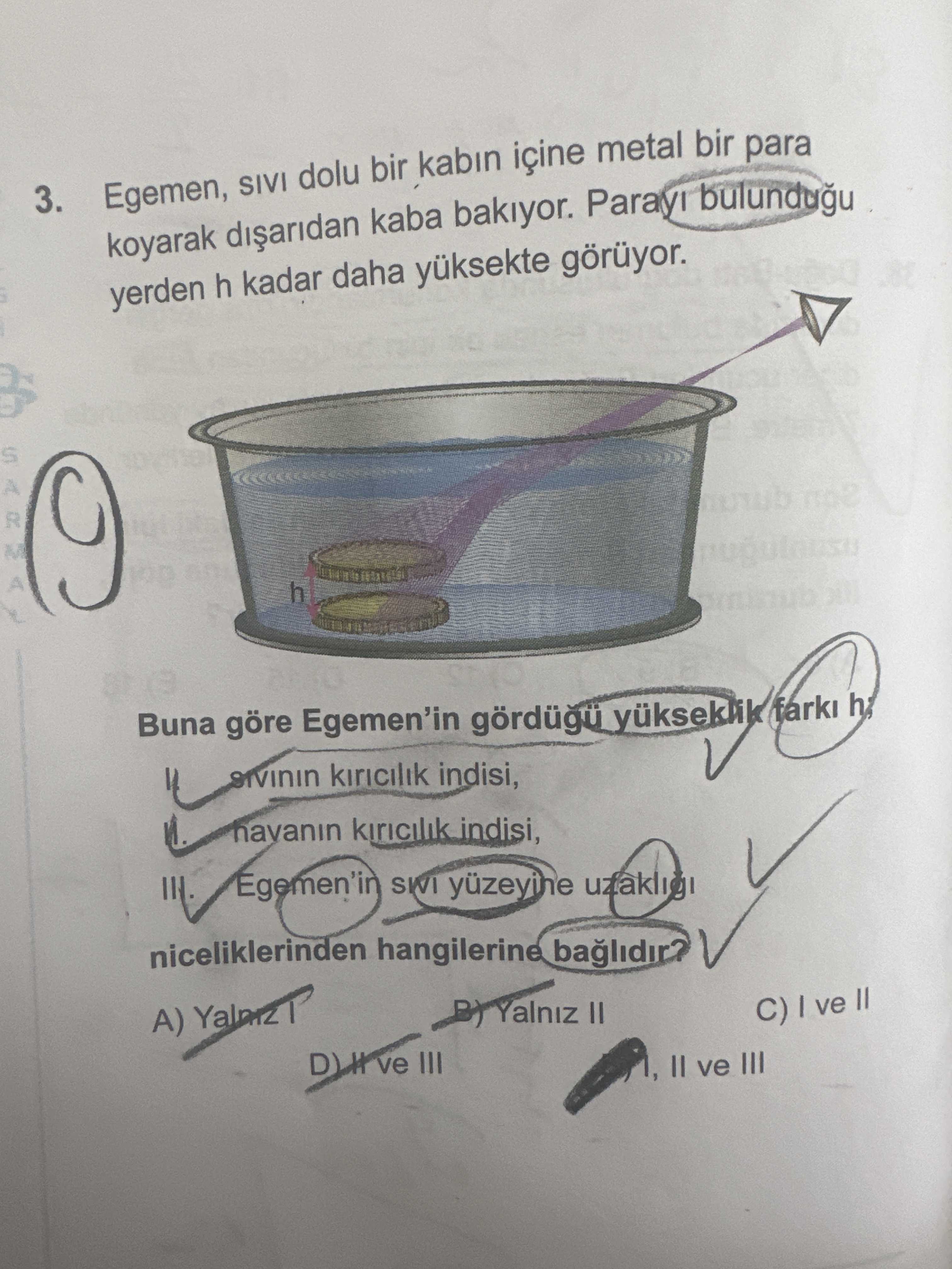 Egemen, sıvı dolu bir kabın içine metal bir para koyarak dışarıdan kaba bakıyor. Parayı bulunduğu