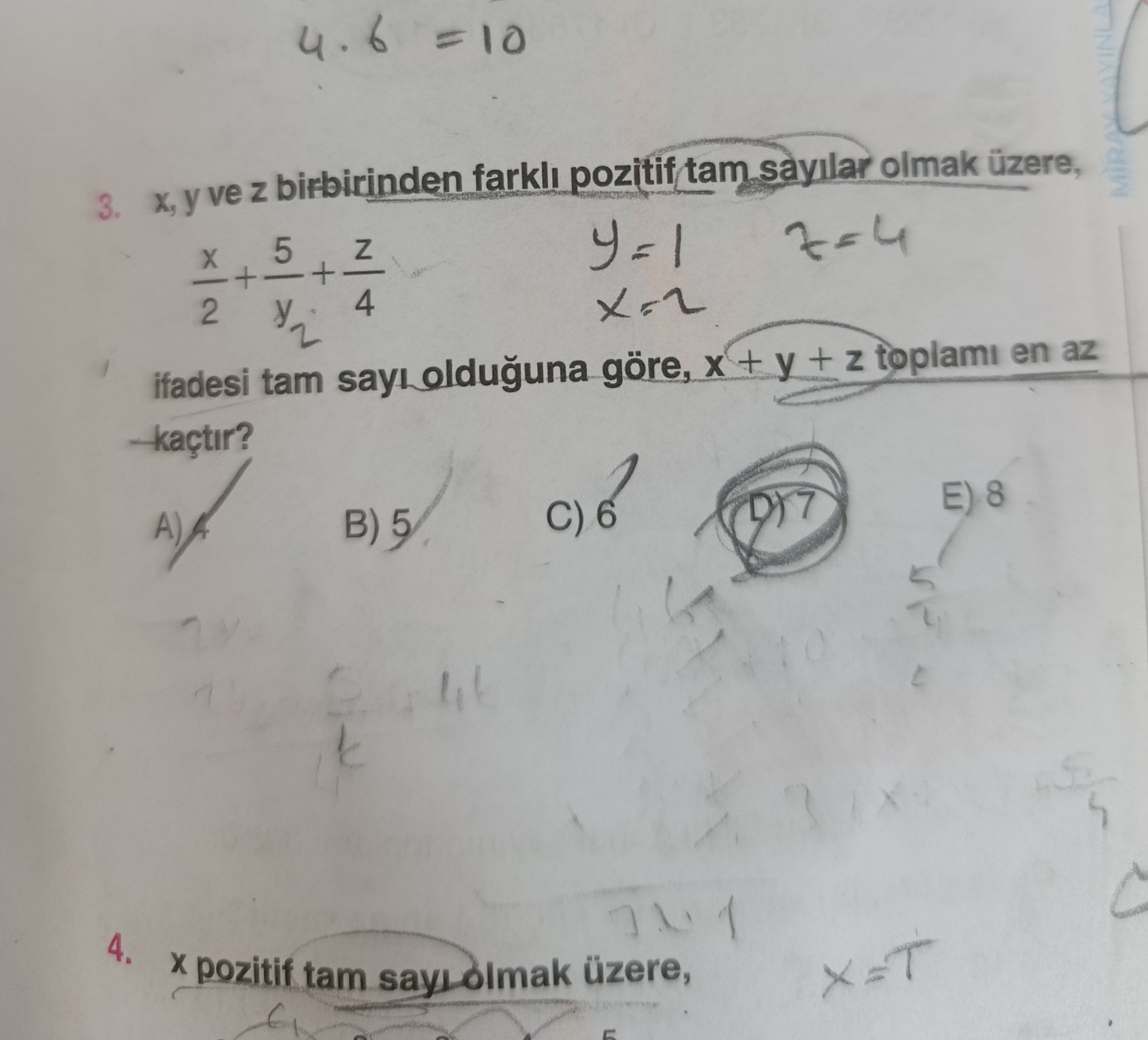 x, y ve z birbirinden farklı pozitif tam sayılar olmak üzere, x/2 + 5/y₂ + z/4 ifadesi tam sayı