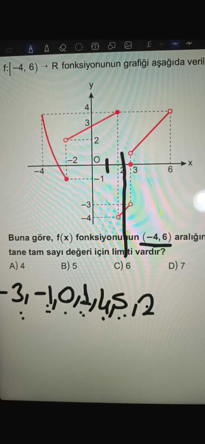 T f:[-4, 6) R fonksiyonunun veril 4 3 2 6 3 1 Buna göre, f(x) fonksiyonu (-4,6) araligin tane tam sayi için lim ti vardir. A) 4 5 6 D) 7 3, T f:[-4, 6) R fonksiyonunun veril 4 3 2 6 3 1 Buna göre, f(x) fonksiyonu (-4,6) araligin tane tam sayi için lim ti vardir. A) 4 5 6 D) 7 3,. ?? Model.Question.title