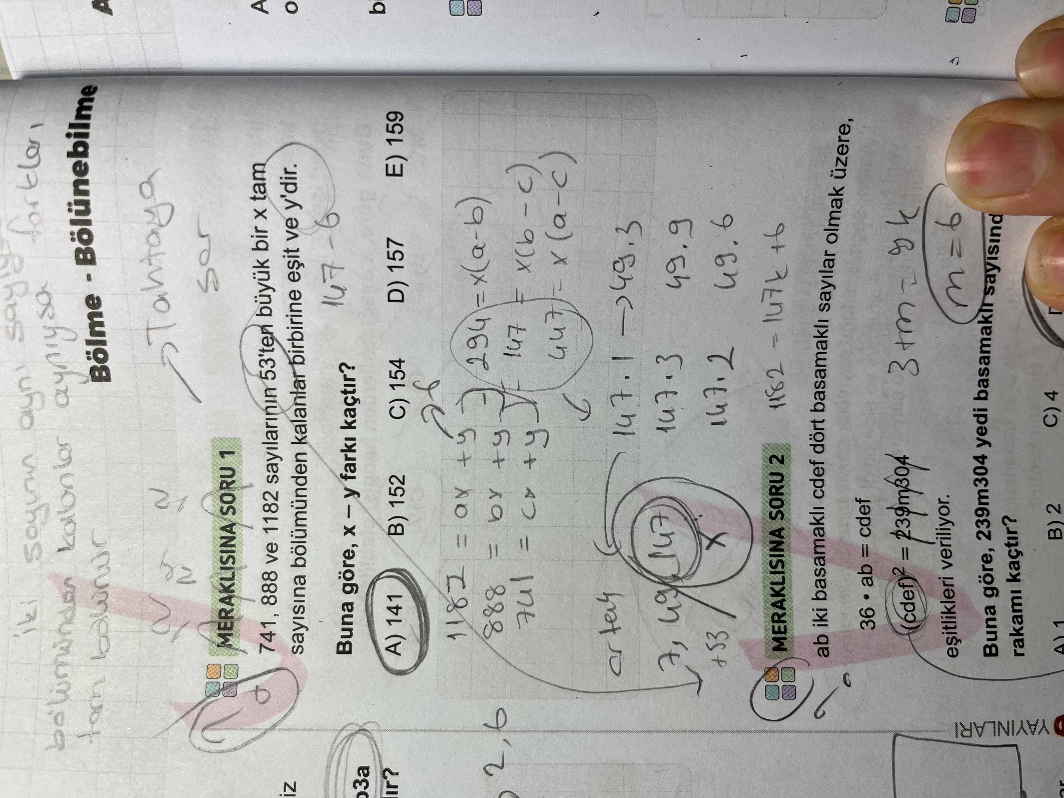 MERAKLISINA SORU 1 741, 888 ve 1182 sayılarının 53'ten büyük bir x tam sayısına bölümünden kalanlar