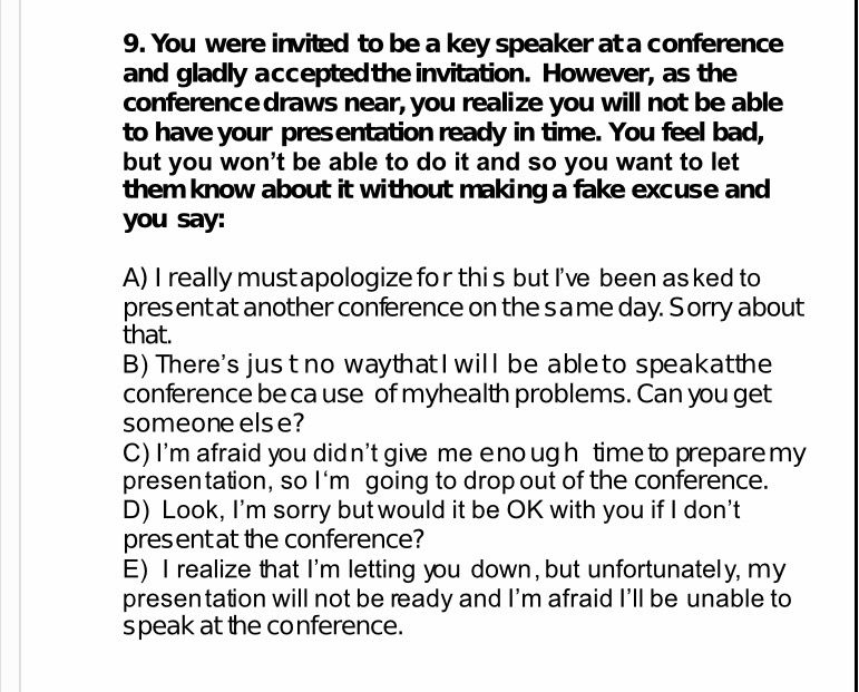 You were invited to be a key speaker at a conference and gladly accepted the invitation. However, as