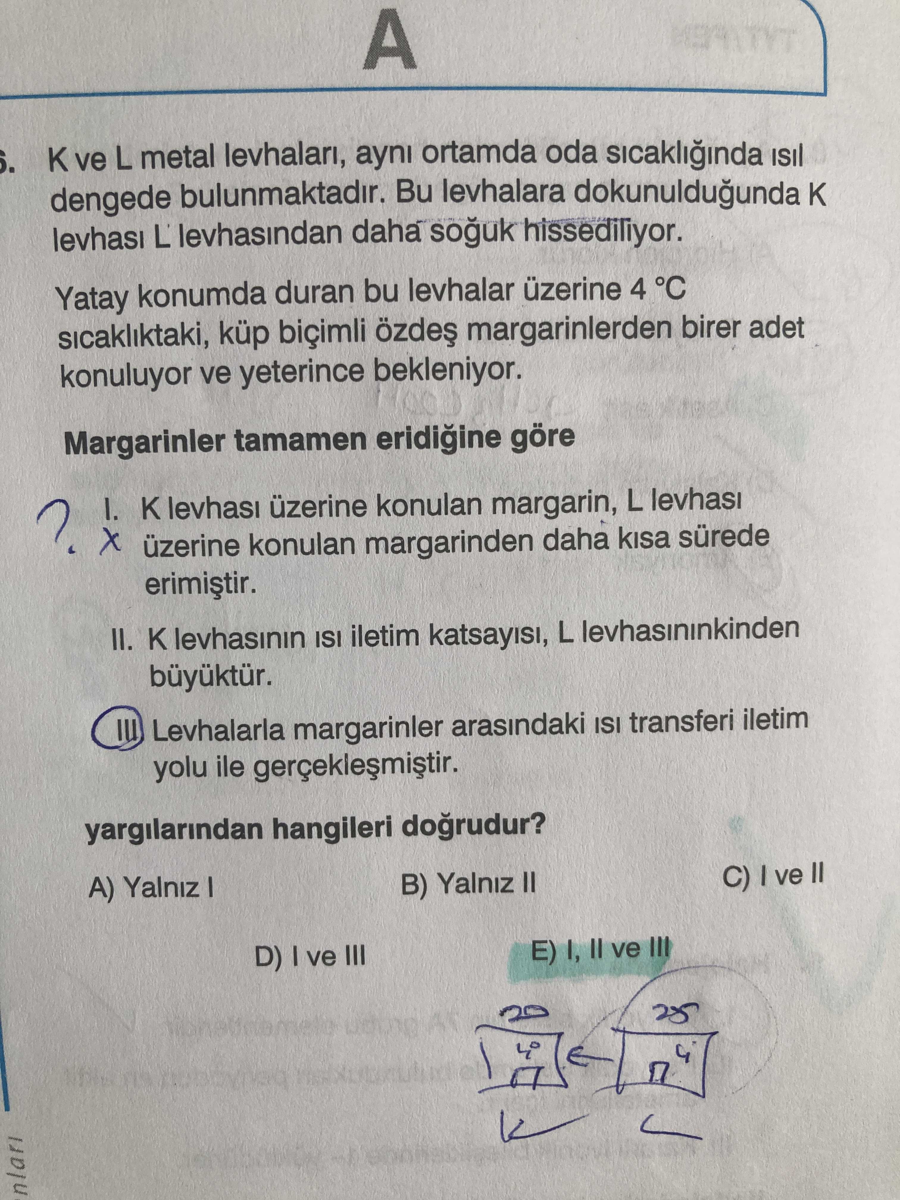 K ve L metal levhaları, aynı ortamda oda sıcaklığında ısıl dengede bulunmaktadır. Bu levhalara