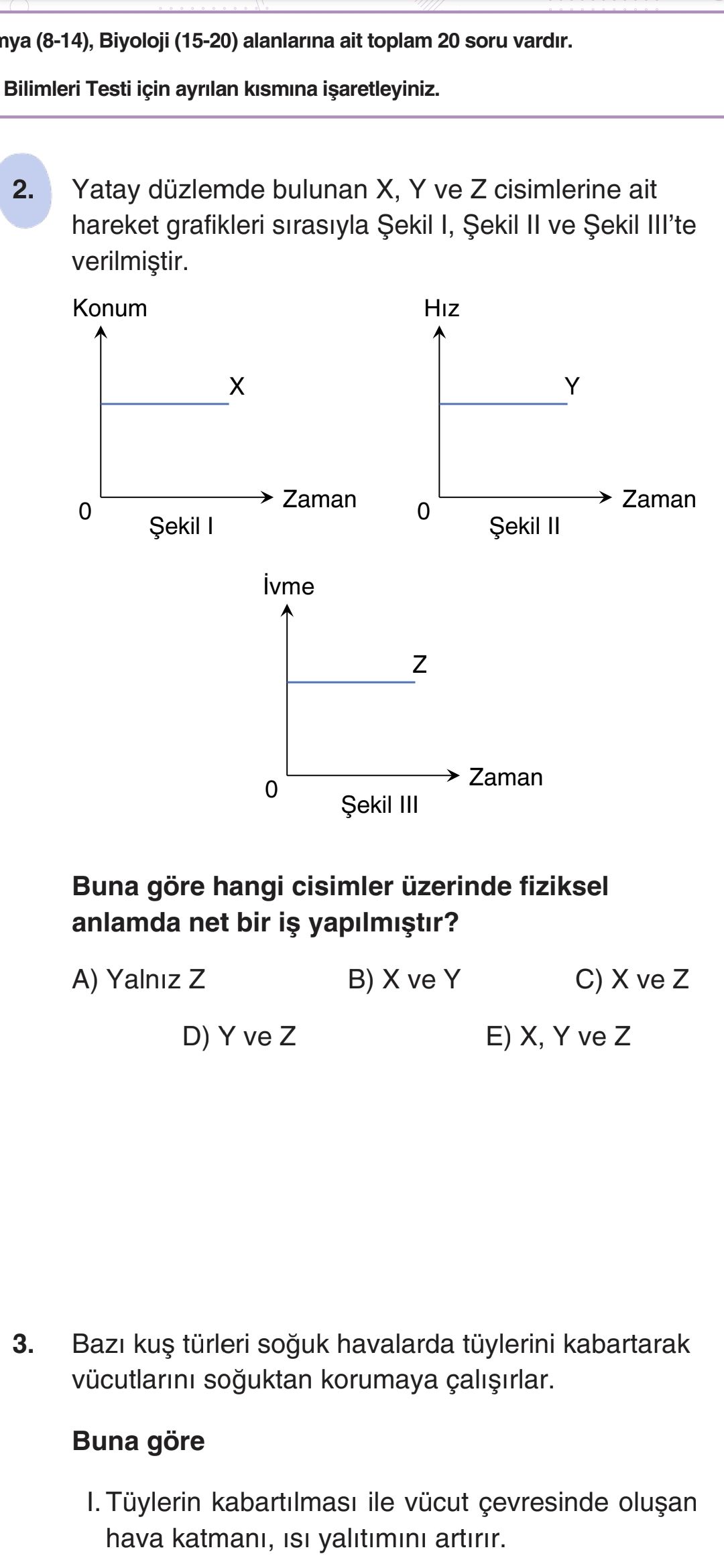 Yatay düzlemde bulunan X, Y ve Z cisimlerine ait hareket grafikleri sırasıyla Şekil I, Şekil II ve