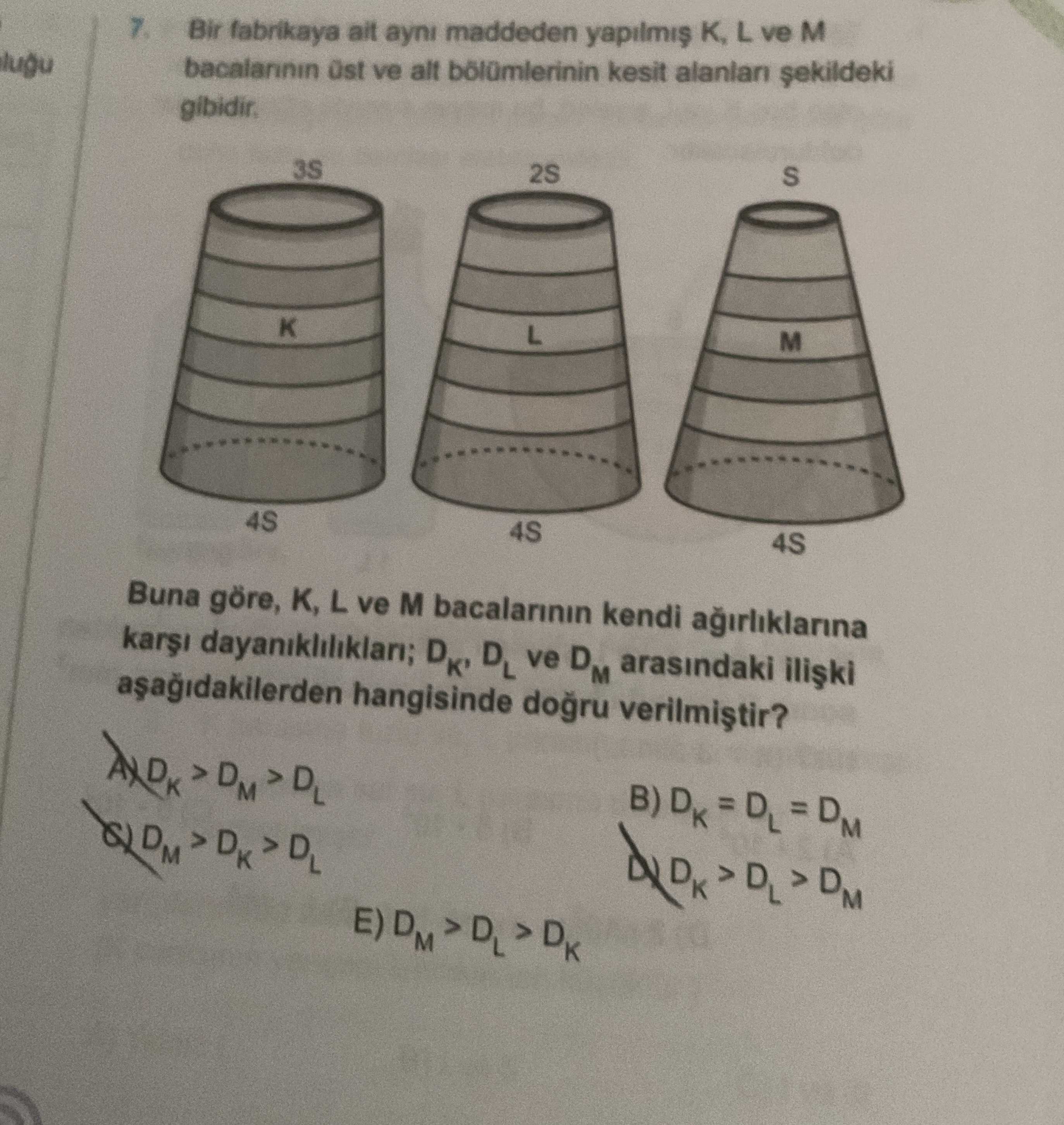 Bir fabrikaya ait aynı maddeden yapılmış K, L ve M bacalarının üst ve alt bölümlerinin kesit