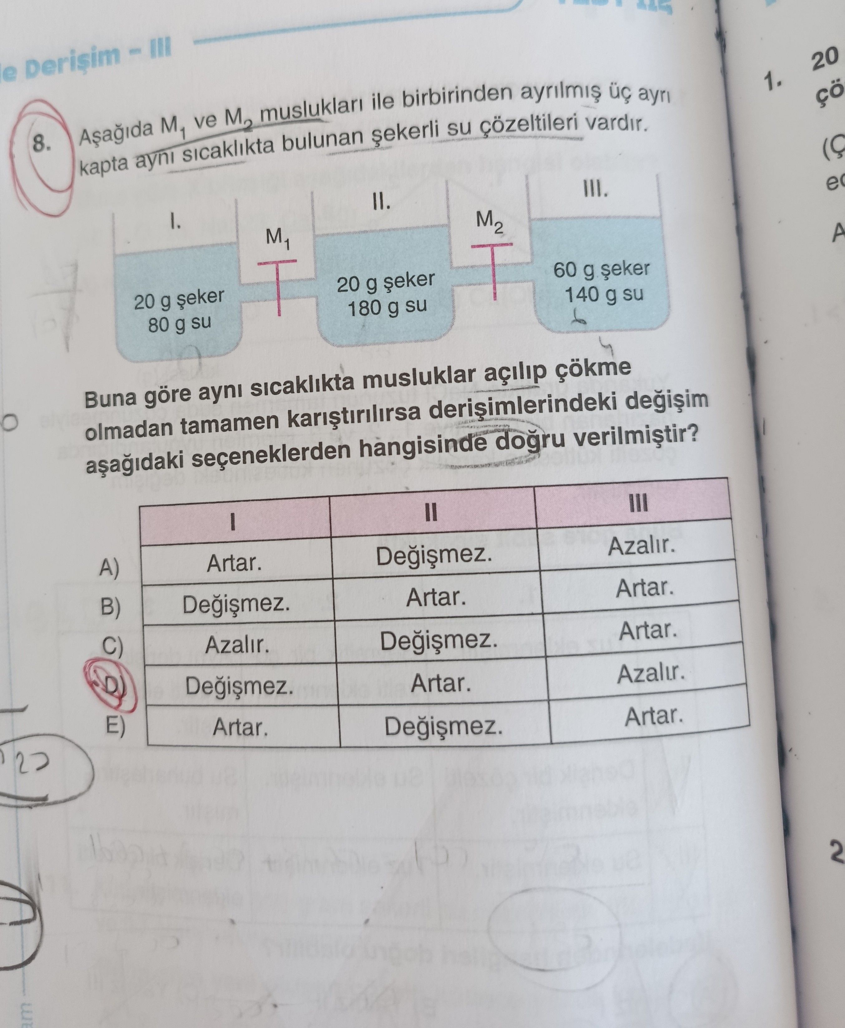 Aşağıda M₁ ve M₂ muslukları ile birbirinden ayrılmış üç ayrı kapta aynı sıcaklıkta bulunan şekerli