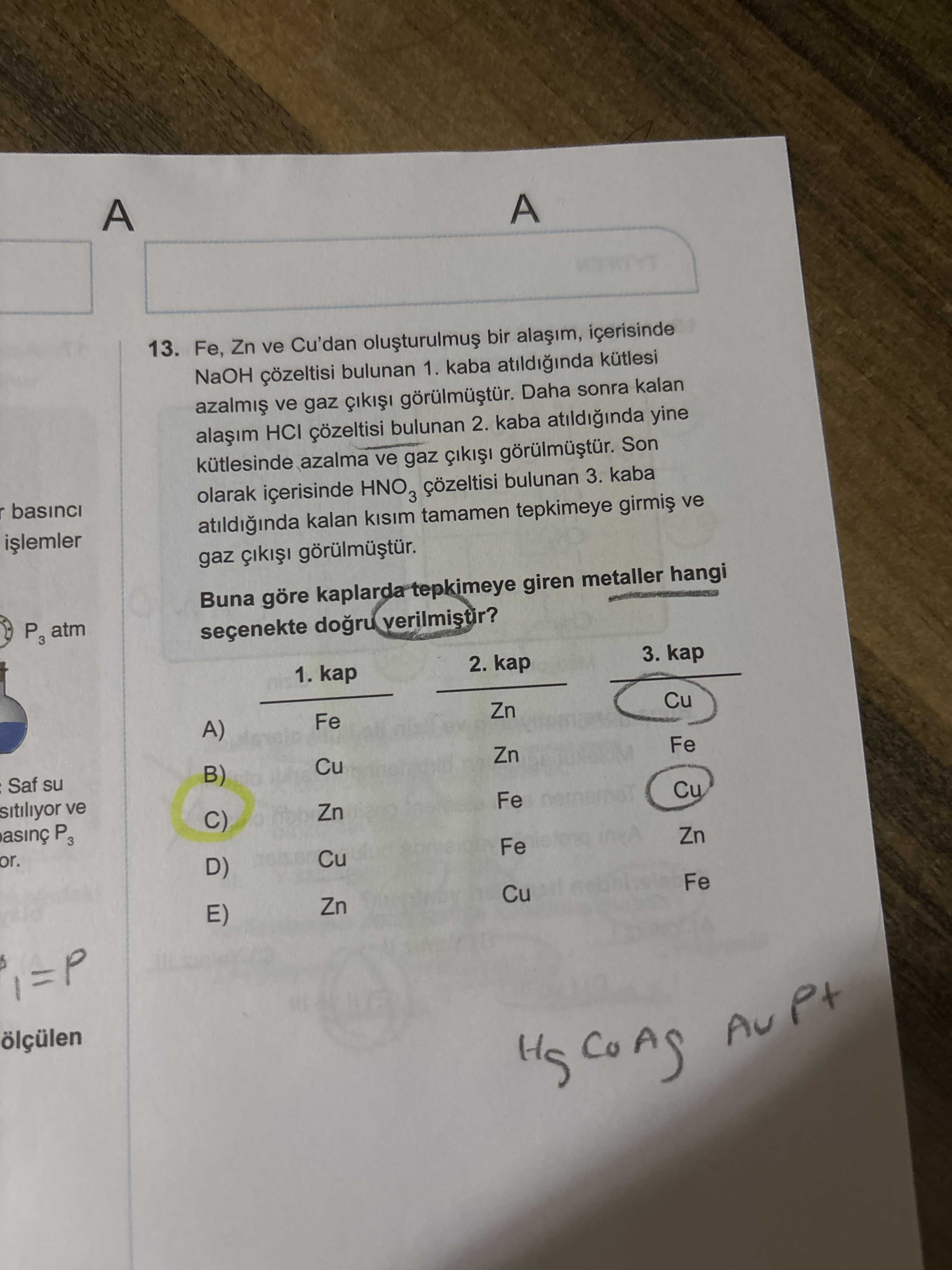 Fe, Zn ve Cu'dan oluşturulmuş bir alaşım, içerisinde NaOH çözeltisi bulunan 1. kaba atıldığında
