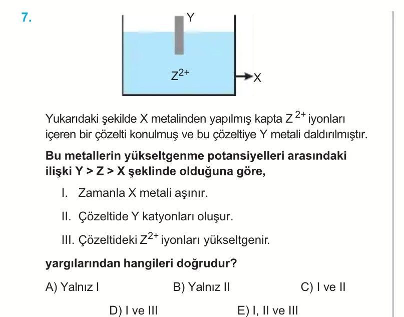 Yukarıdaki şekilde X metalinden yapılmış kapta Z²⁺ iyonları içeren bir çözelti konmuş ve bu