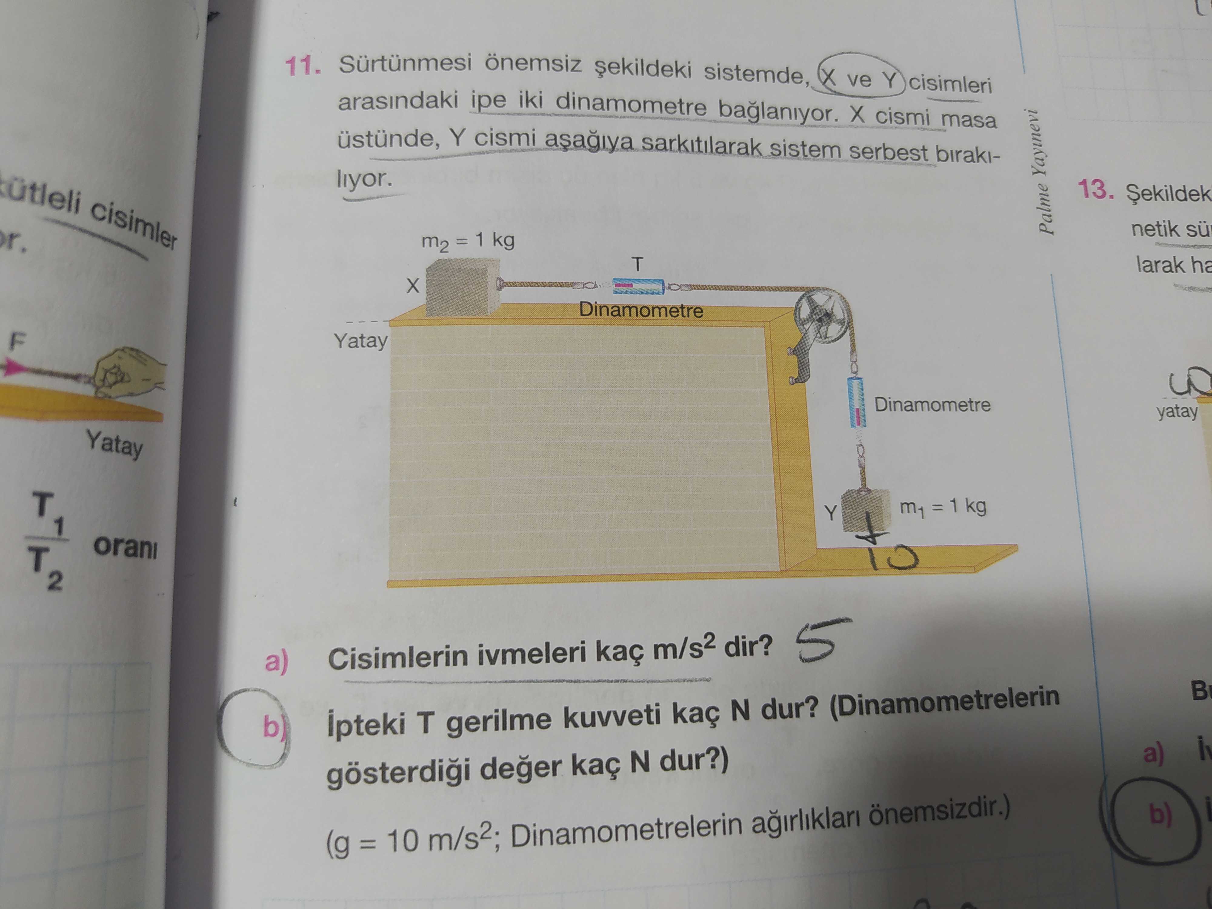 Sürtünmesi önemsiz şekildeki sistemde, X ve Y cisimleri arasındaki ipe iki dinamometre bağlanıyor. X