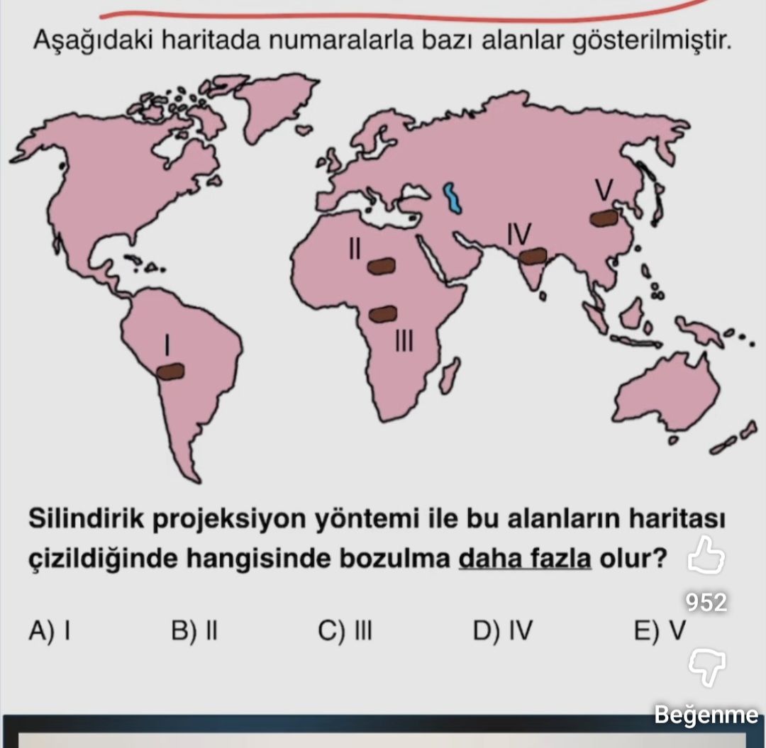 Aşağıdaki haritada numaralarla bazı alanlar gösterilmiştir. Silindirik projeksiyon yöntemi ile bu