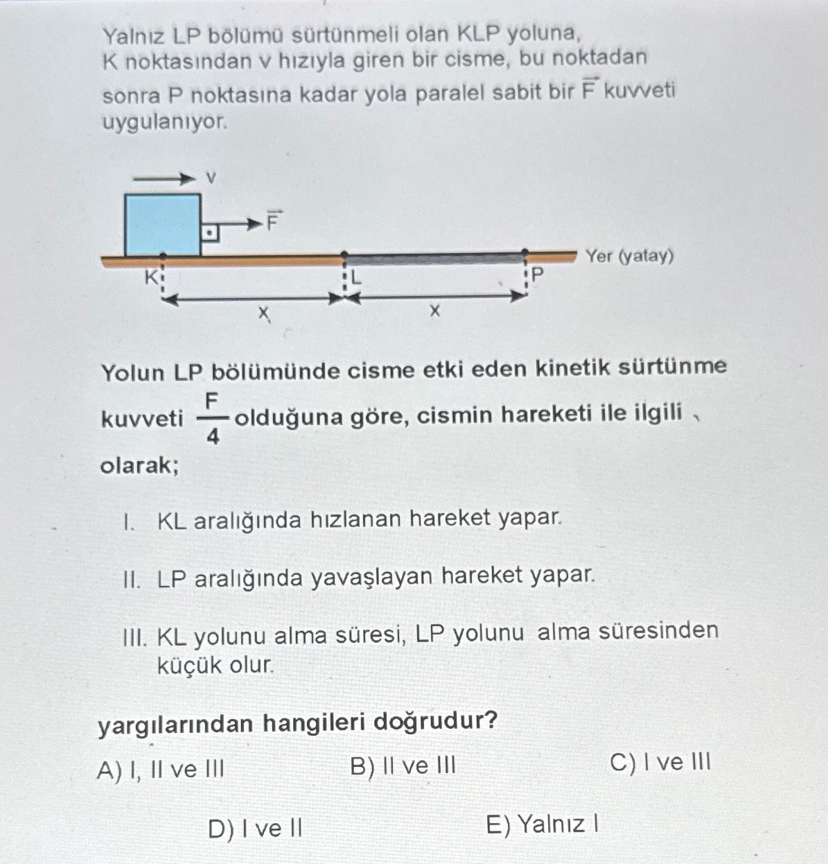 Yalnız LP bölümü sürtünmeli olan KLP yoluna, K noktasından v hızıyla giren bir cisme, bu noktadan
