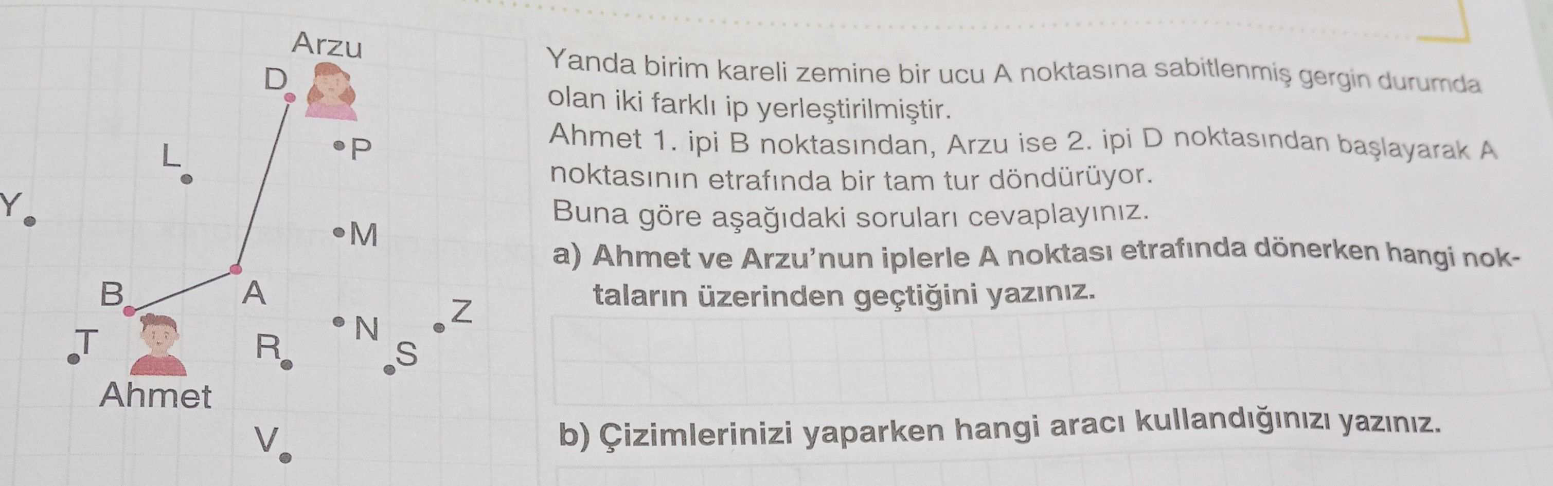 Yanda birim kareli zemine bir ucu A noktasına sabitlenmiş gergin durumda olan iki farklı ip