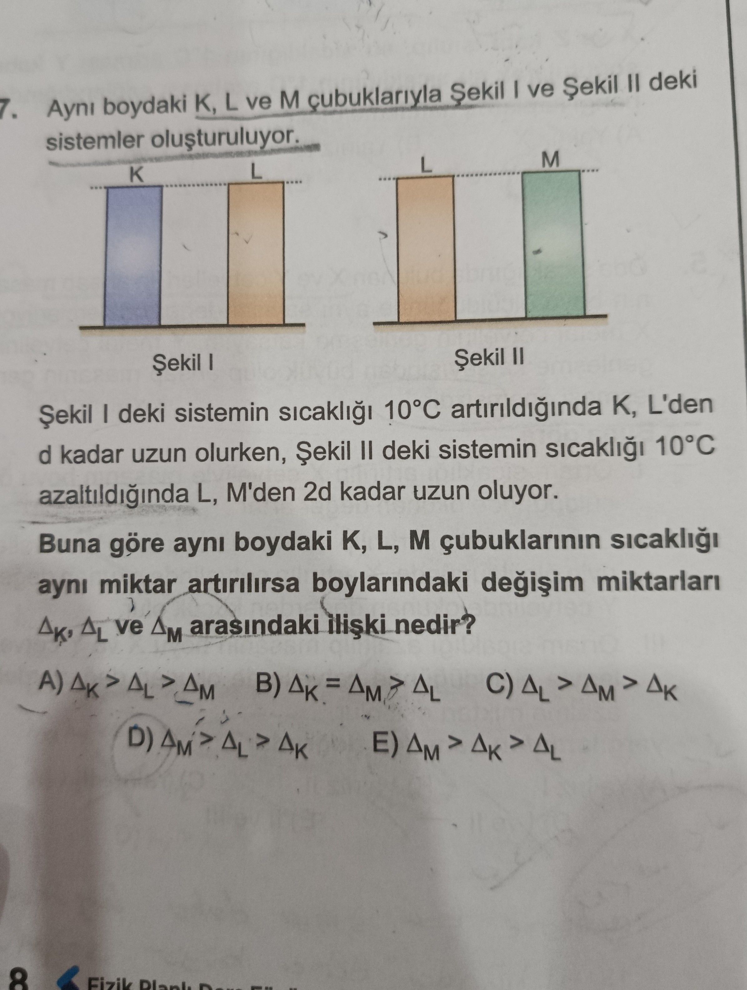 Aynı boydaki K, L ve M çubuklarıyla Şekil I ve Şekil II deki sistemler oluşturuluyor. Şekil I deki