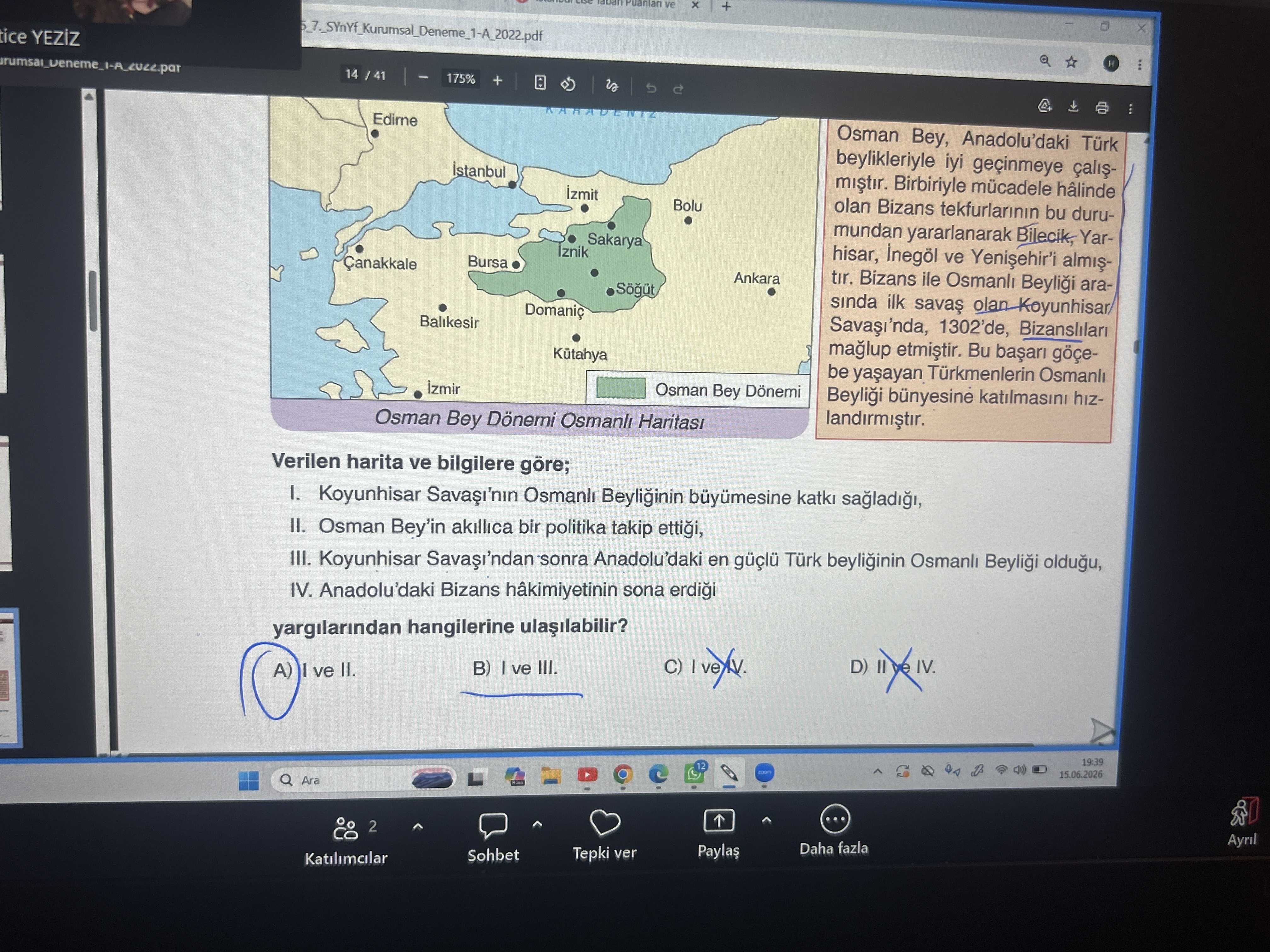 Verilen harita ve bilgilere göre; I. Koyunhisar Savaşı'nın Osmanlı Beyliğinin büyümesine katkı