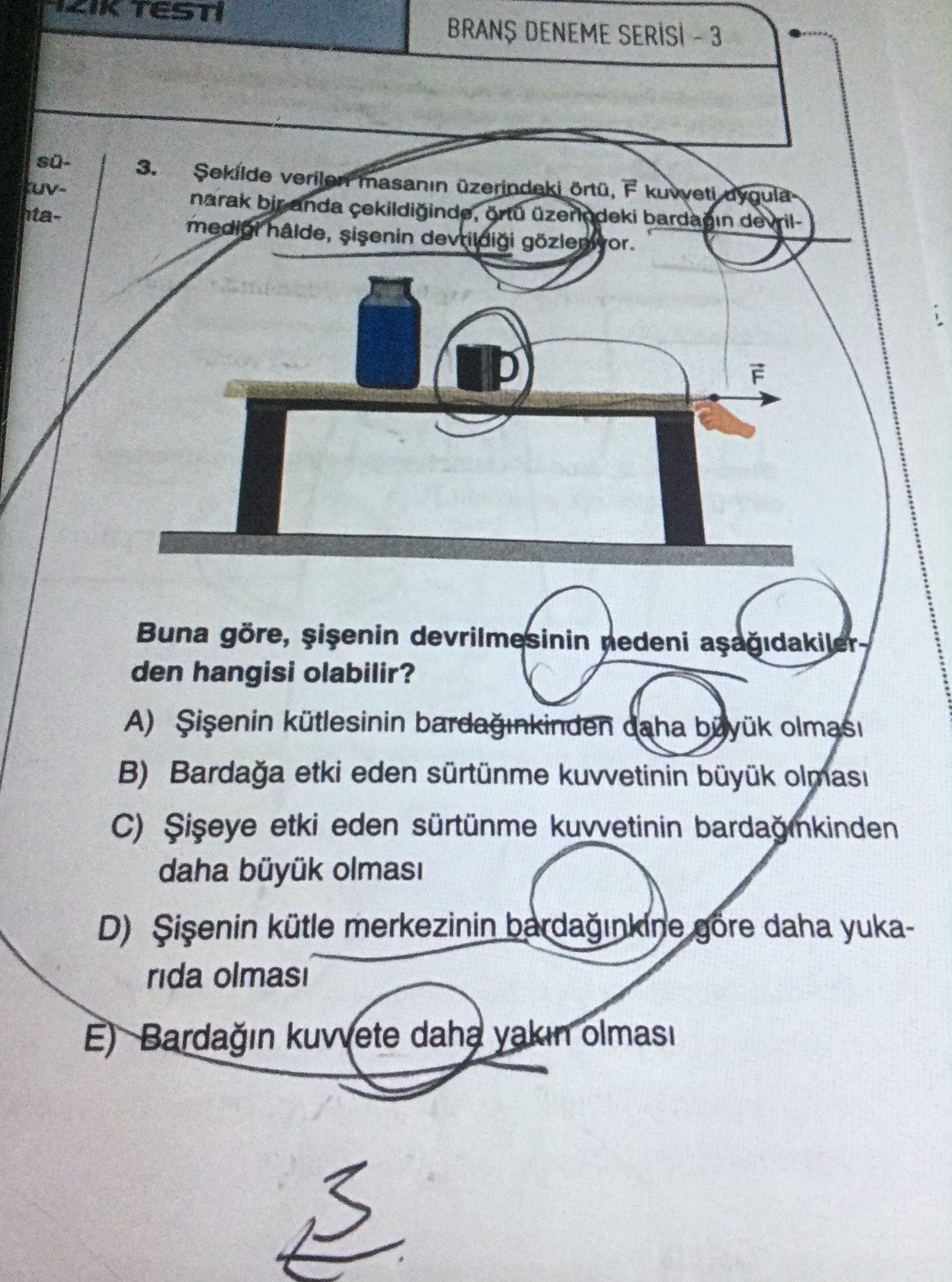 Şekilde verilen masanın üzerindeki örtü, F kuvveti uygulanarak bir anda çekildiğinde, örtü