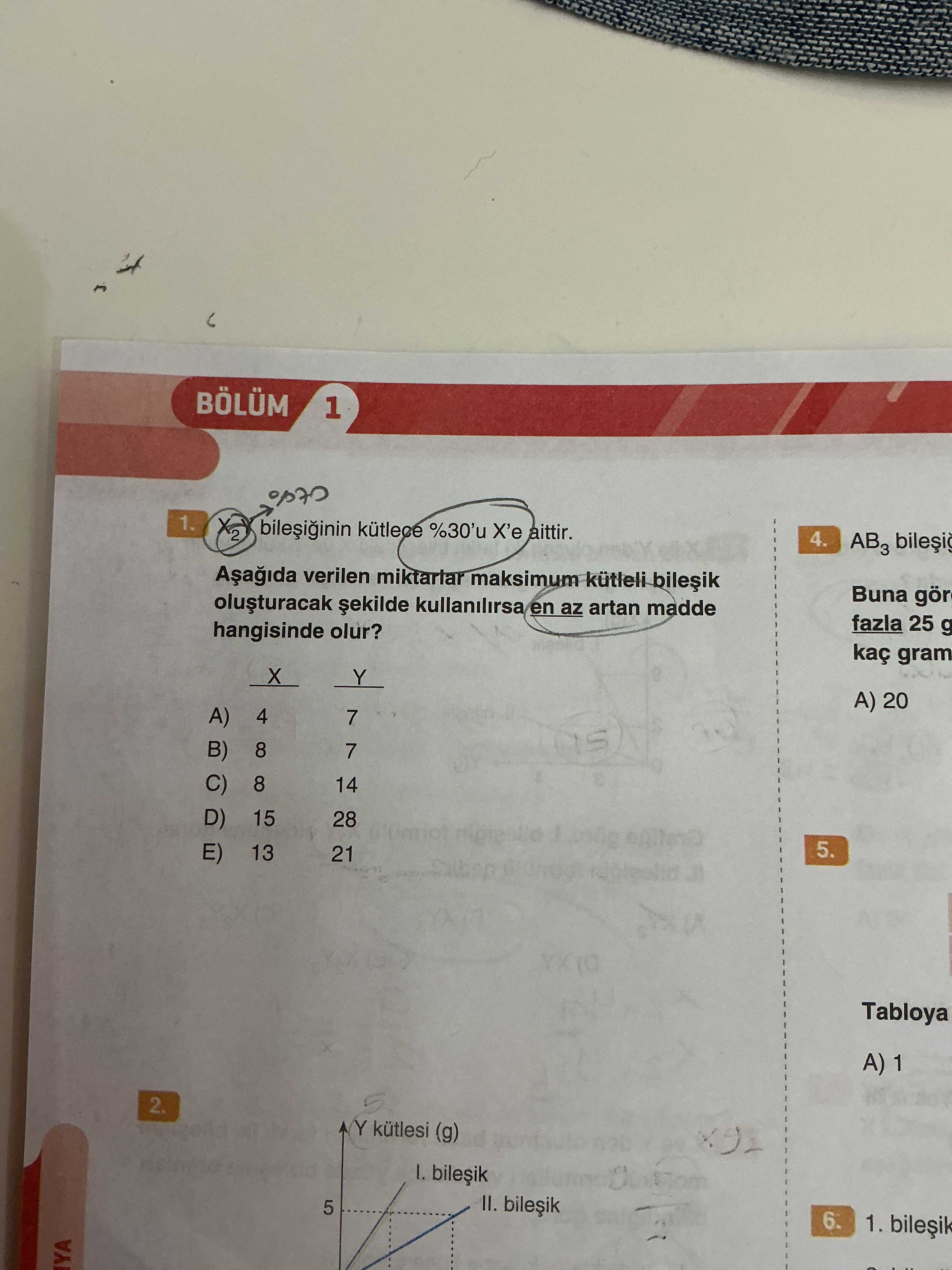 X₂Y bileşiğinin kütlece %30'u X'e aittir. Aşağıda verilen miktarlar maksimum kütleli bileşik