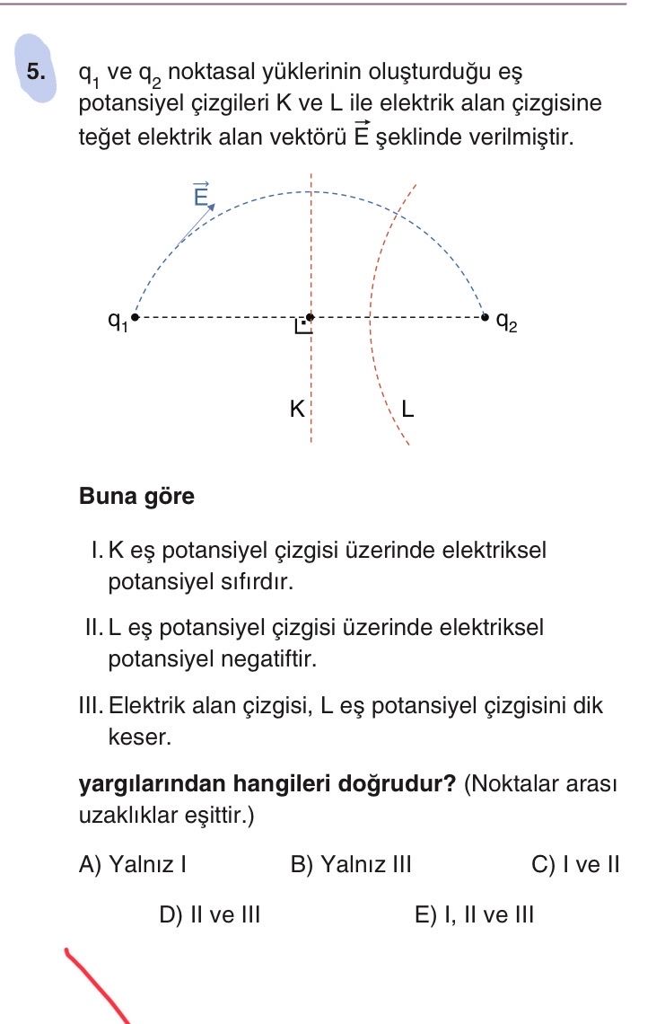 q₁ ve q₂ noktasal yüklerinin oluşturduğu eş potansiyel çizgileri K ve L ile elektrik alan çizgisine