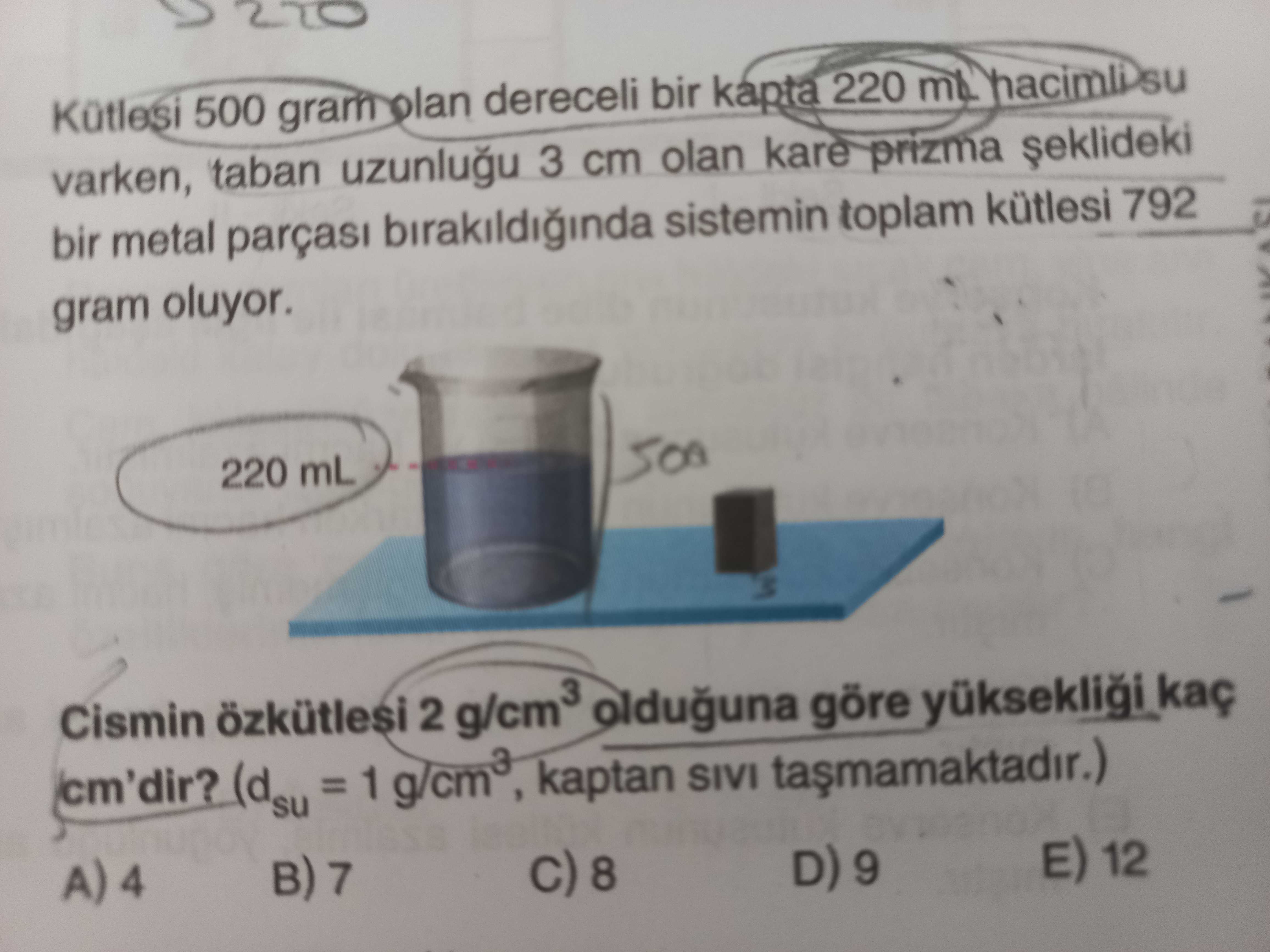 Kütlesi 500 gram olan dereceli bir kapta 220 mL hacimli su varken, taban uzunluğu 3 cm olan kare