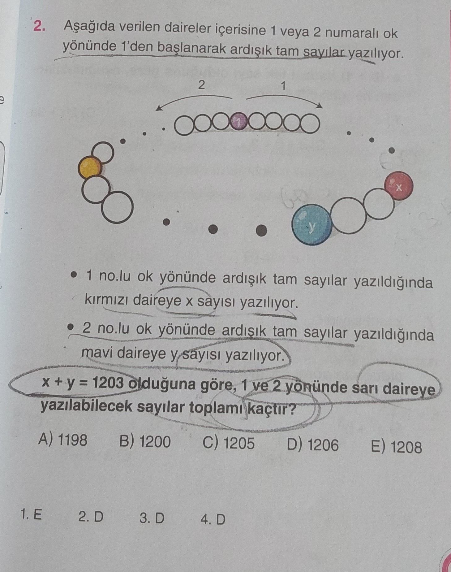 Aşağıda verilen daireler içerisine 1 veya 2 numaralı ok yönünde 1'den başlanarak ardışık tam sayılar