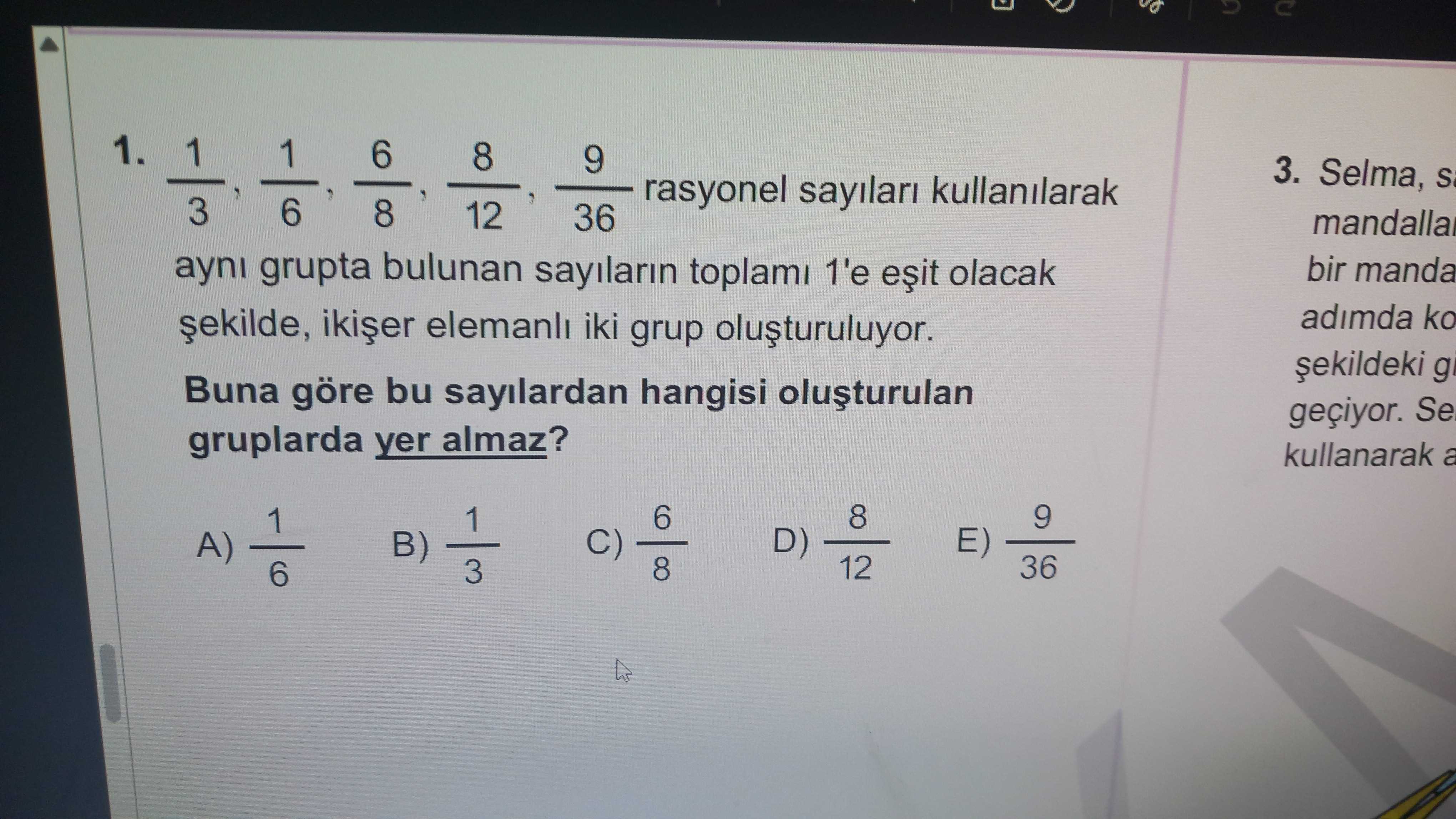 1/3, 1/6, 6/8, 8/12, 9/36 rasyonel sayıları kullanılarak aynı grupta bulunan sayıların toplamı 1'e