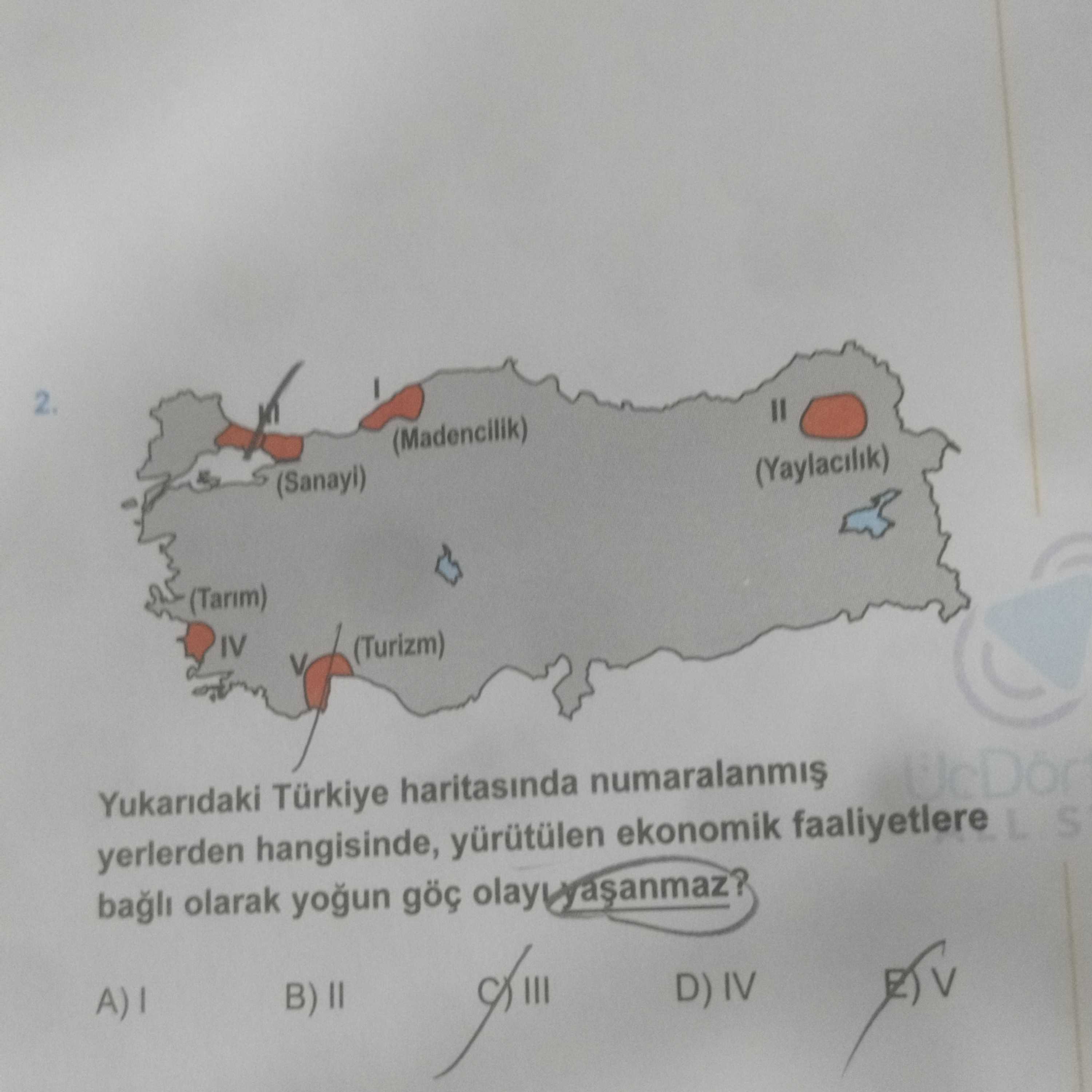 Yukarıdaki Türkiye haritasında numaralanmış yerlerden hangisinde, yürütülen ekonomik faaliyetlere