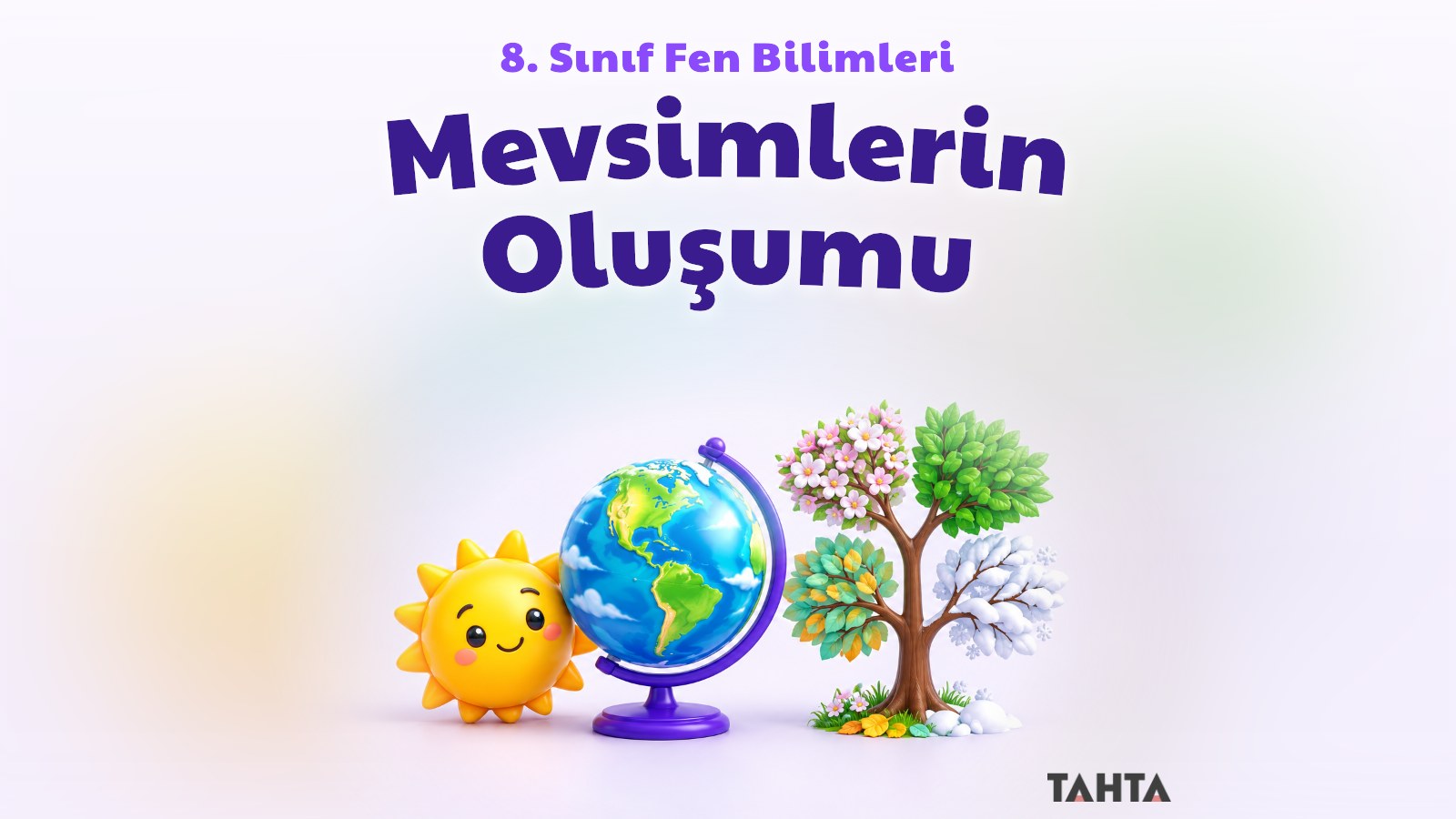 Eğik duran Dünya küresi, Güneş ve dört mevsimi gösteren ağaçtan oluşan mevsimlerin oluşumu kapak görseli