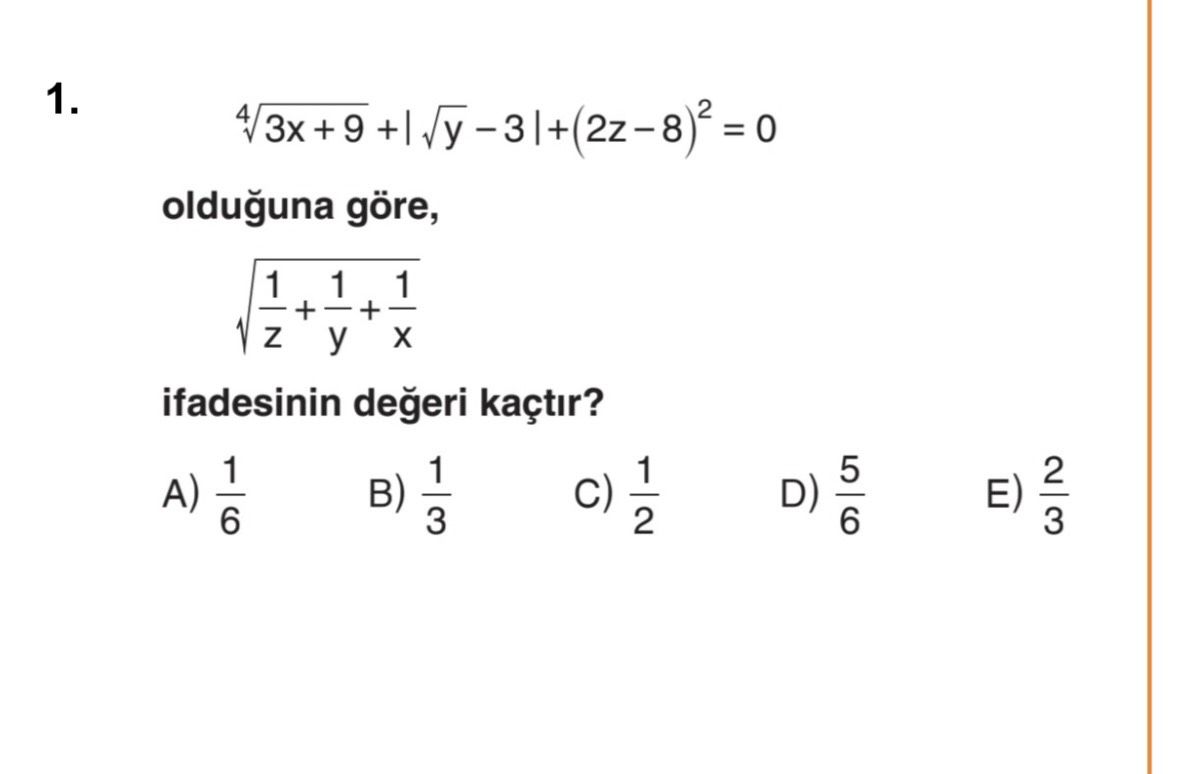 1. 4 + 9 + = 0 olduguna göre, 1 + + y ifadesinin degeri kaçtir. 5 1 A) E) 2 3 D) 6 2 6 3 1. 5 1 A) E) 2 3 D) 6 2 6 3. ?? Model.Question.title