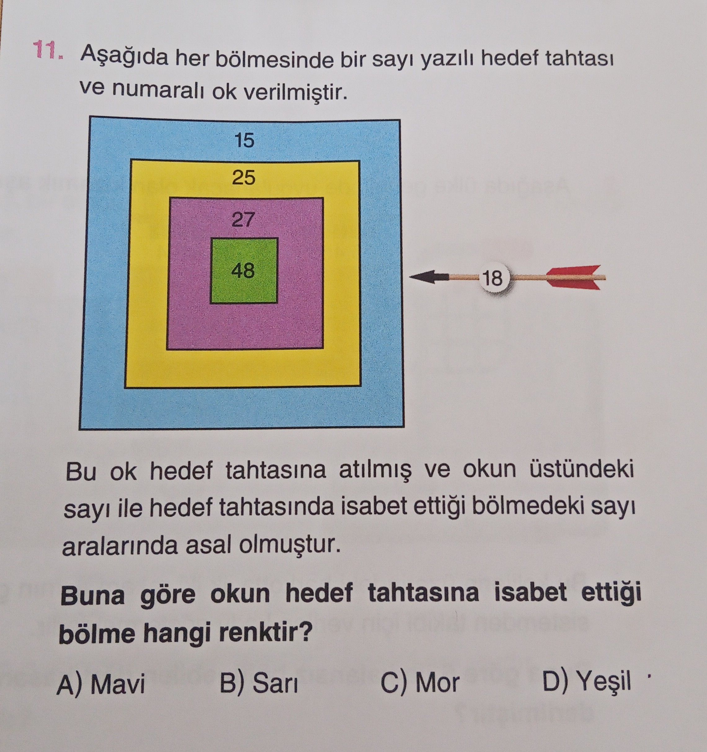 Aşağıda her bölmesinde bir sayı yazılı hedef tahtası ve numaralı ok verilmiştir. Bu ok hedef