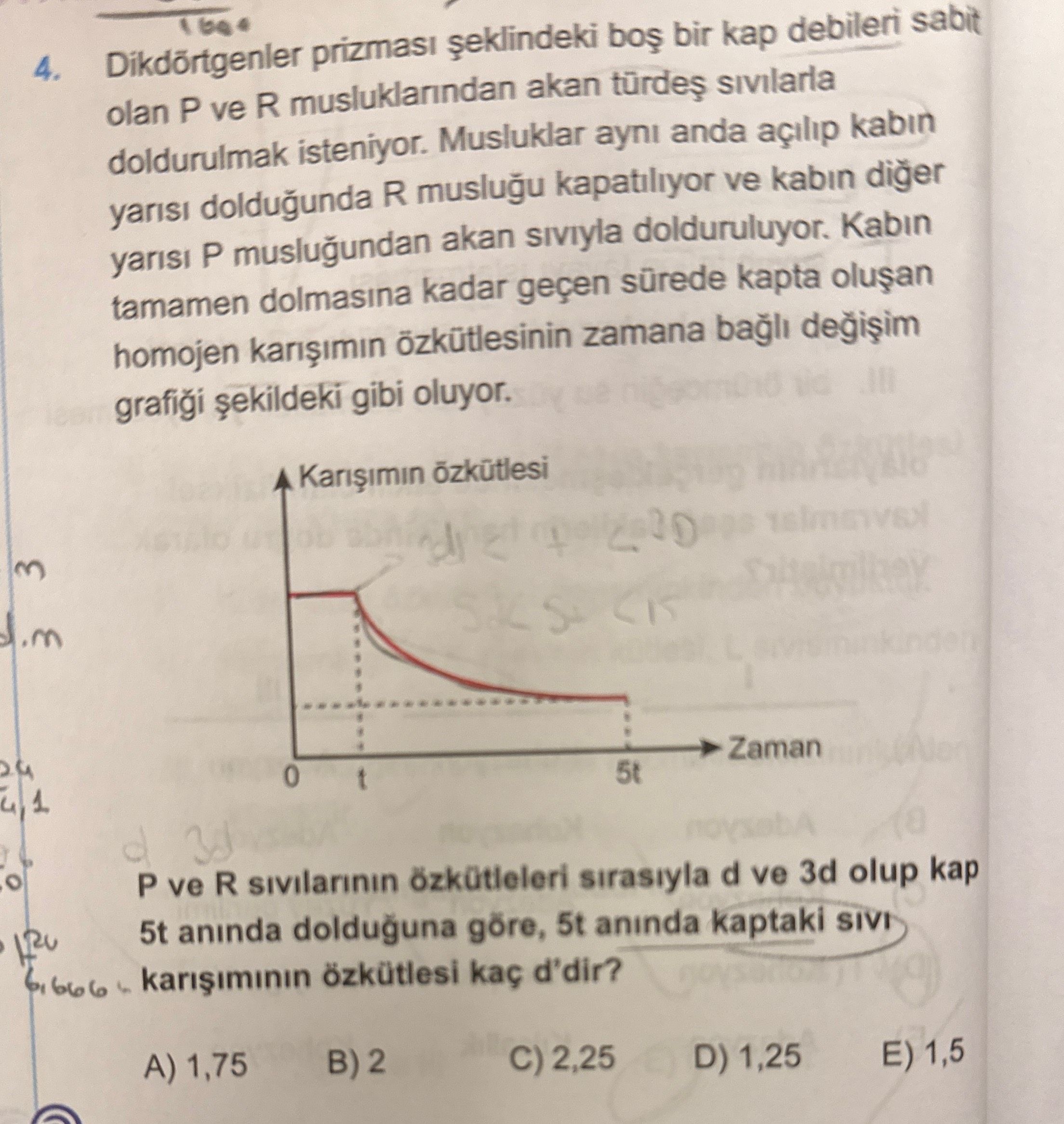 Dikdörtgenler prizması şeklindeki boş bir kap debileri sabit olan P ve R musluklarından akan türdeş