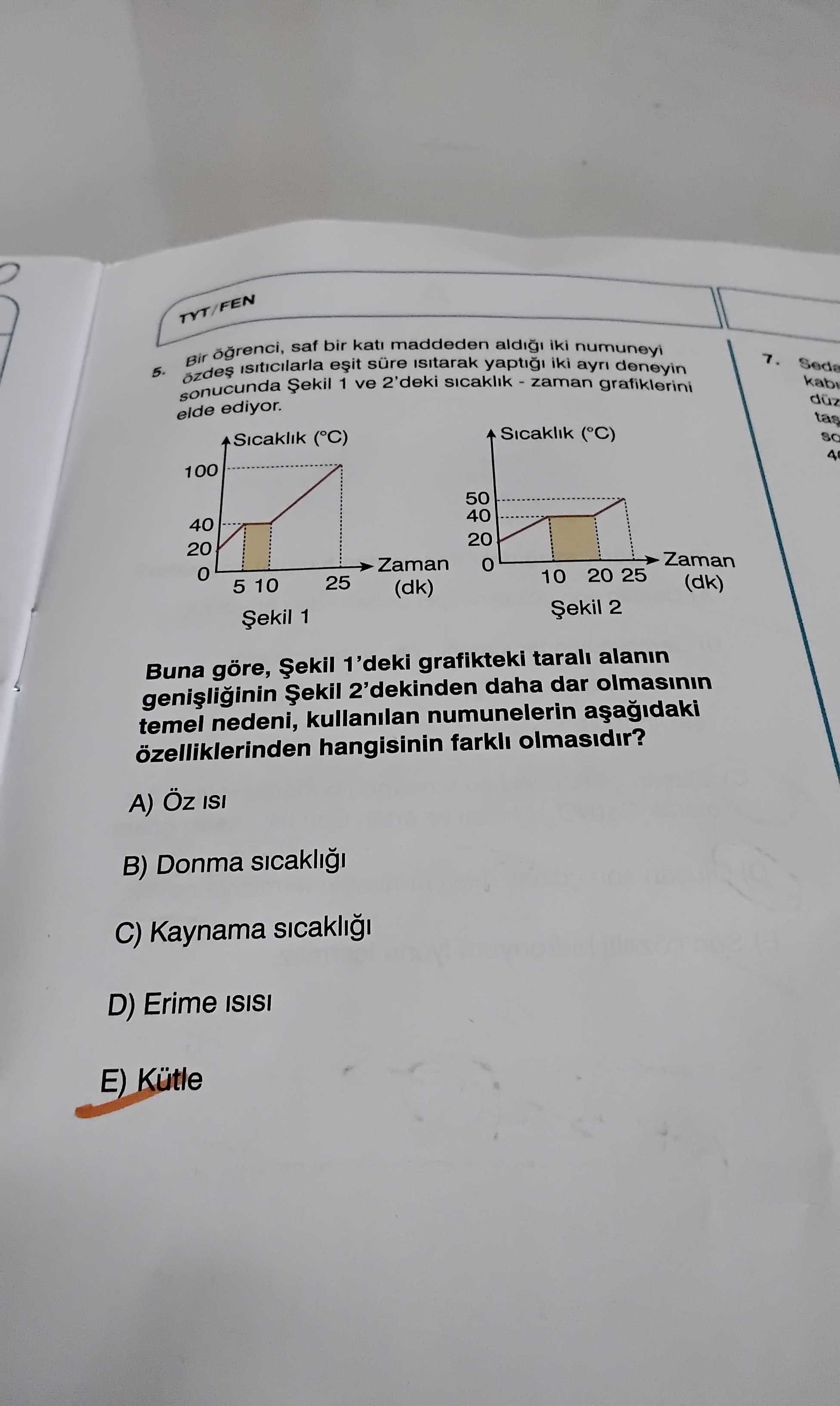 Bir öğrenci, saf bir katı maddeden aldığı iki numuneyi özdeş ısıtıcılarla eşit süre ısıtarak yaptığı