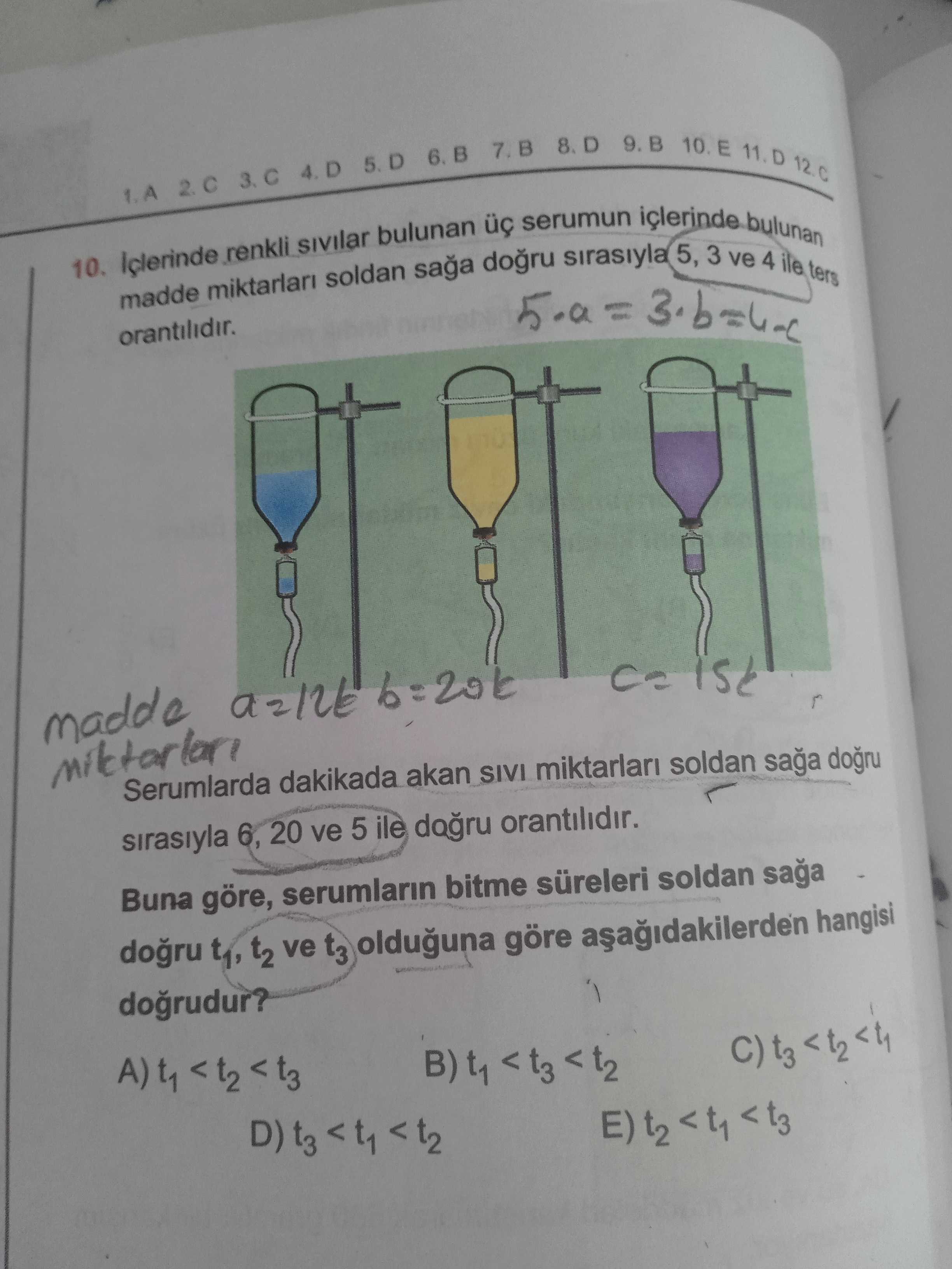 7. B 10. E serumun bulunan renkli 10. sirasiyla saga 5, soldan 3 miktarlari ve 4 ile madde ters orantilidir. 3. b madde Serumlarda dakikada akan SIVI miktarlari soldan saga sirasiyla 6, 20 ve 5 ile orantilidir. Buna göre, serumlarin bitme süreleri soldan saga t1, t2 ve t3 olduguna göre hangisi 7. Buna göre, serumlarin bitme süreleri soldan saga t1, t2 ve t3 olduguna göre hangisi. ?? Model.Question.title