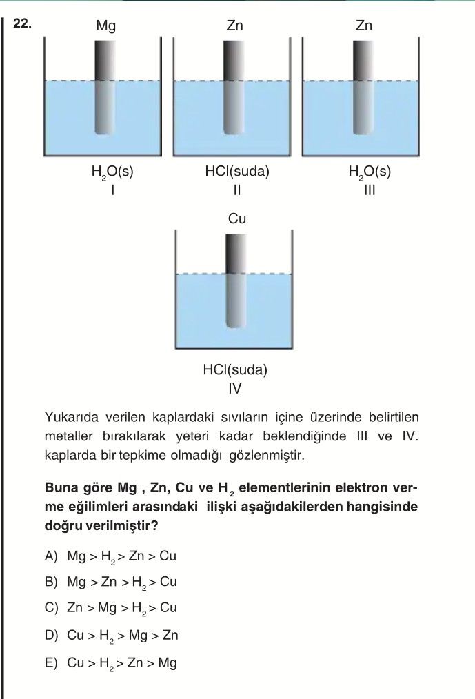 Yukarıda verilen kaplardaki sıvıların içine üzerinde belirtilen metaller bırakılarak yeteri kadar