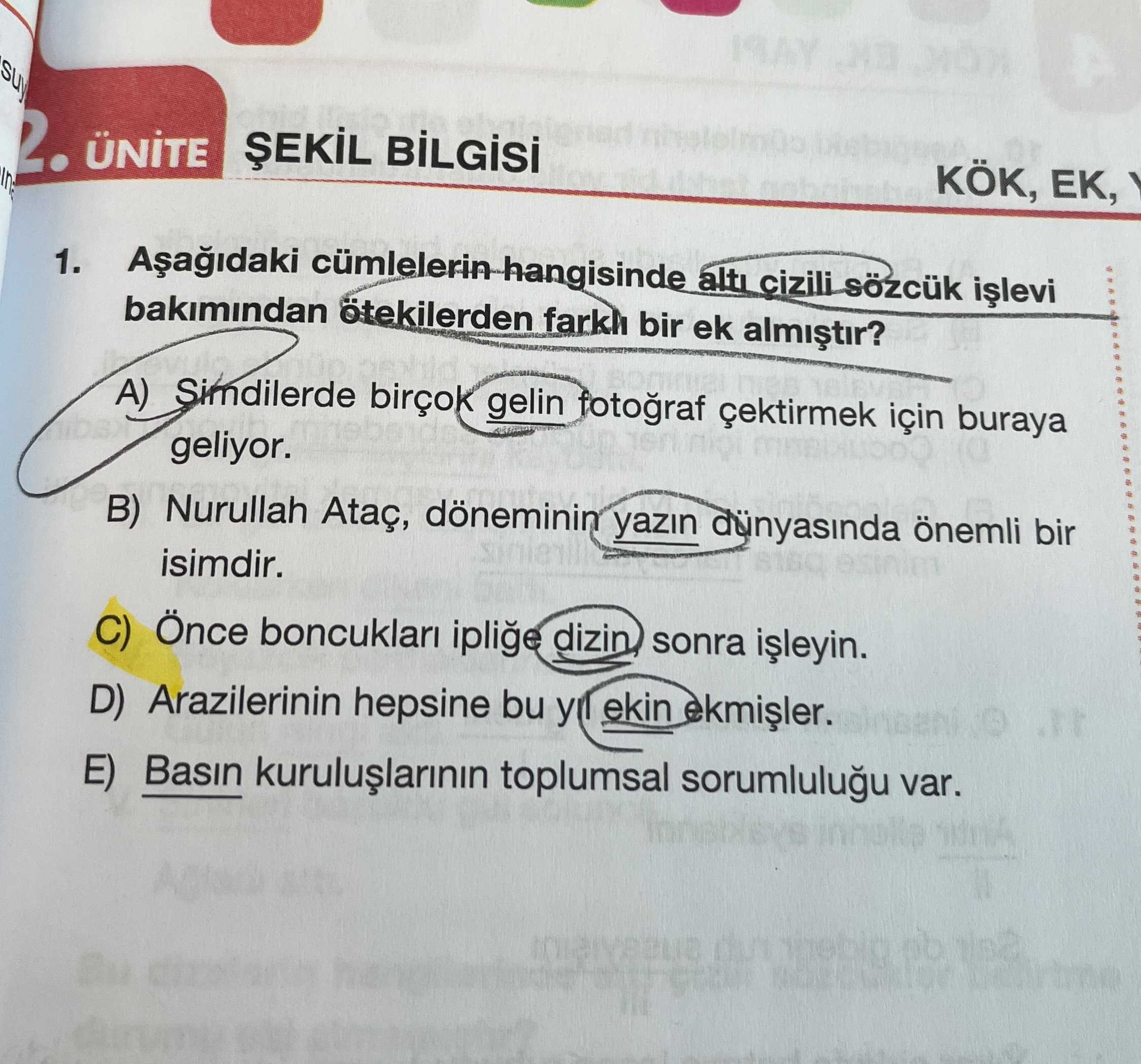 ÜNİTE ŞEKİL BİLGİSİ KÖK, EK, 1. Aşağıdaki cümlelerin hangisinde altı çizili sözcük işlevi bakımından