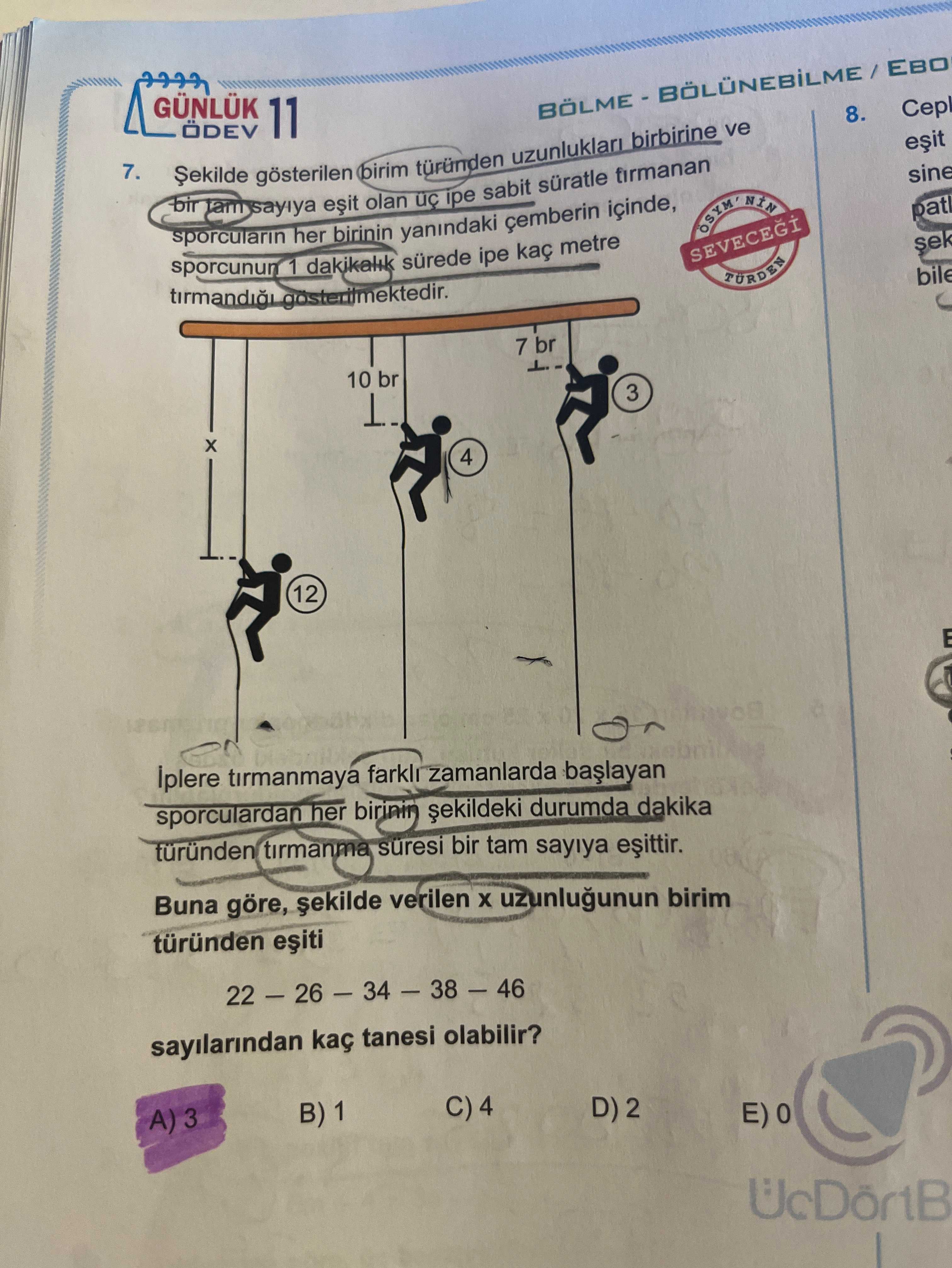 Şekilde gösterilen birim türünden uzunlukları birbirine ve bir tam sayıya eşit olan üç ipe sabit