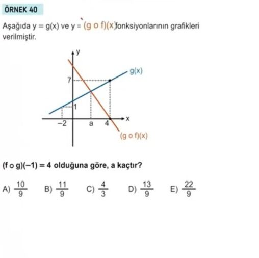 Aşağıda y = g(x) ve y = (g o f)(x) fonksiyonlarının grafikleri verilmiştir. (f o g)(−1) = 4 olduğuna