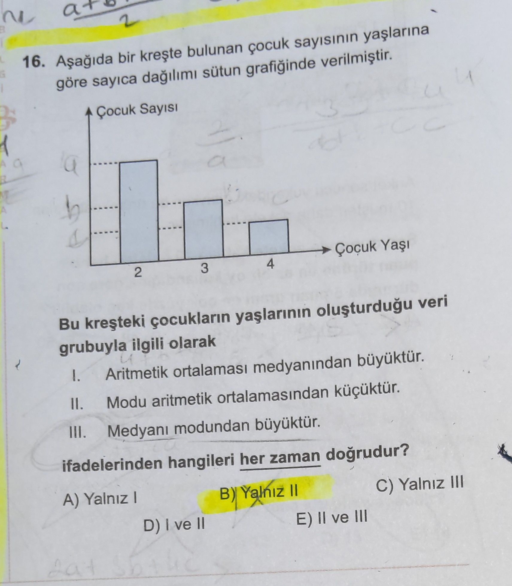 Aşağıda bir kreşte bulunan çocuk sayısının yaşlarına göre sayıca dağılımı sütun grafiğinde