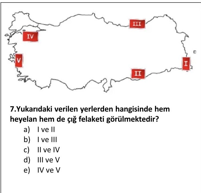 Yukarıdaki verilen yerlerden hangisinde hem heyelan hem de çığ felaketi görülmektedir? a) I ve II b)