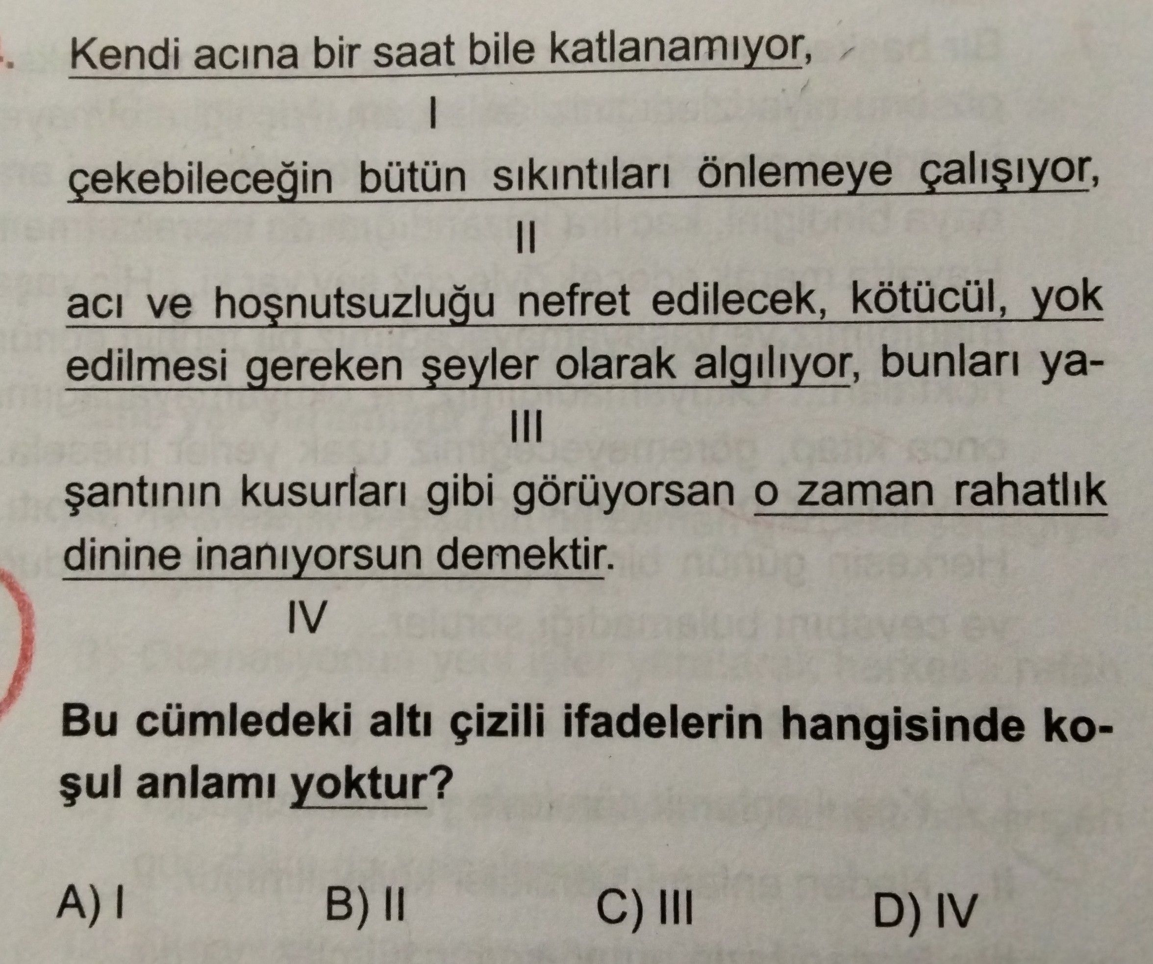 Kendi acına bir saat bile katlanamıyor, I çekebileceğin bütün sıkıntıları önlemeye çalışıyor, II acı